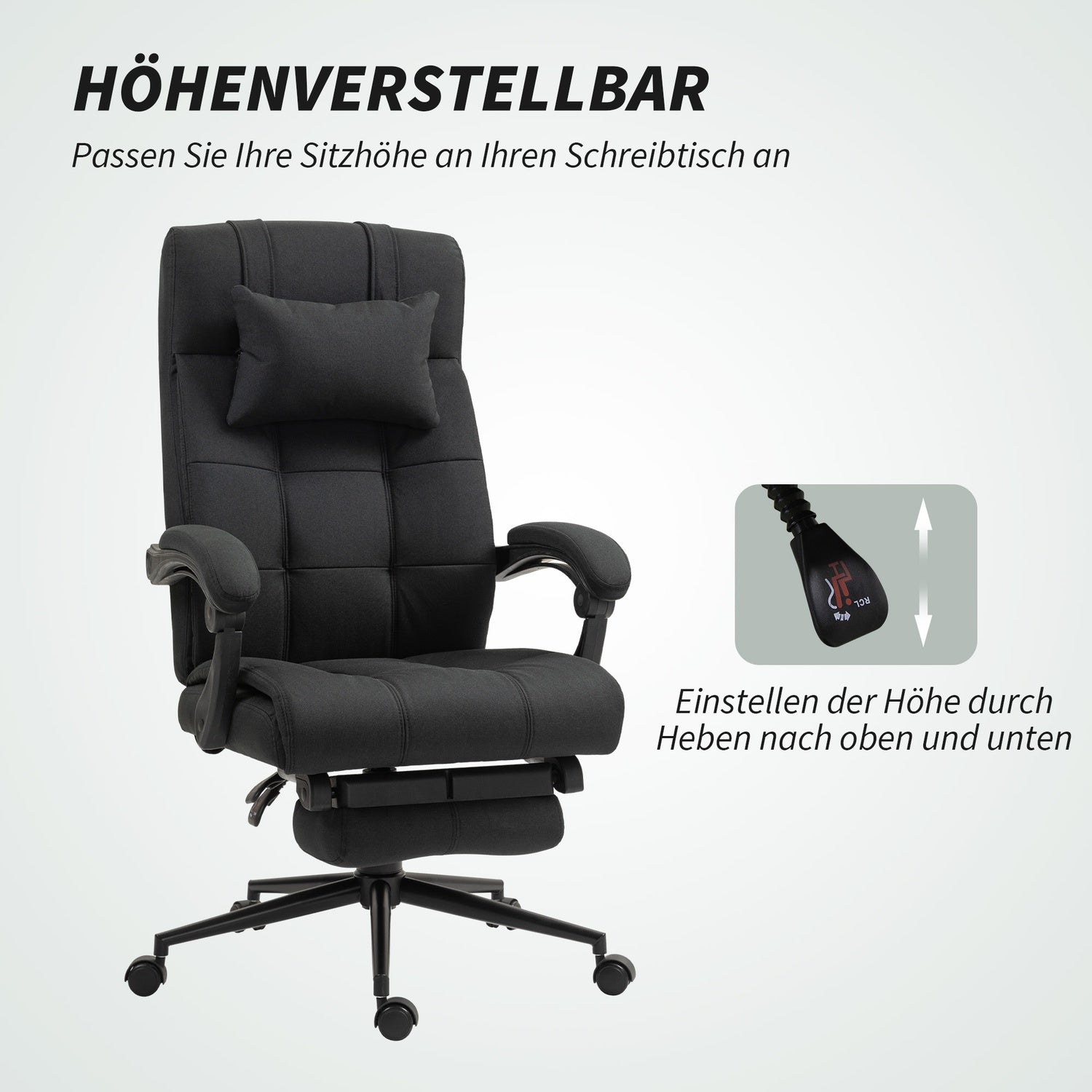Kontorsstol med fotstöd, ergonomisk snurrstol, svart
