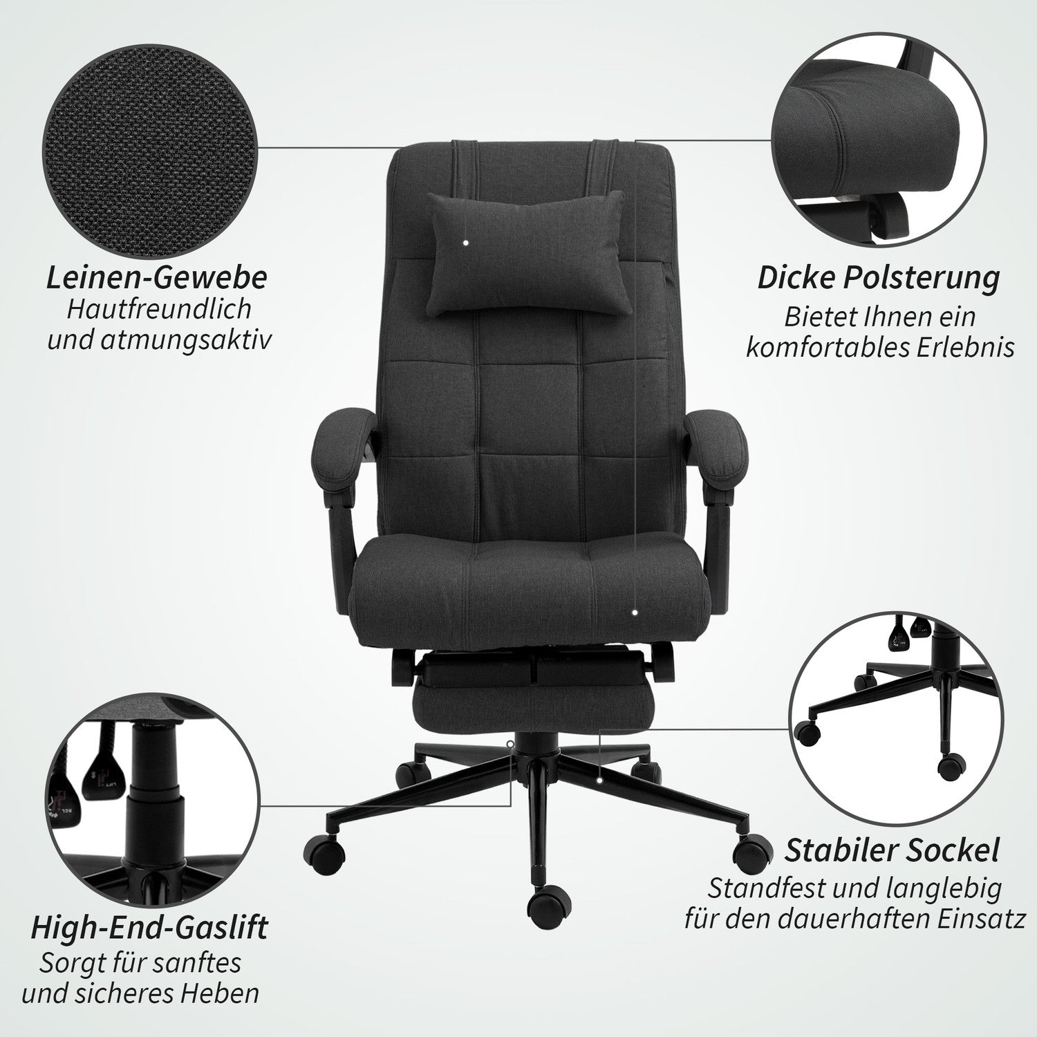 Kontorsstol med fotstöd, ergonomisk snurrstol, svart
