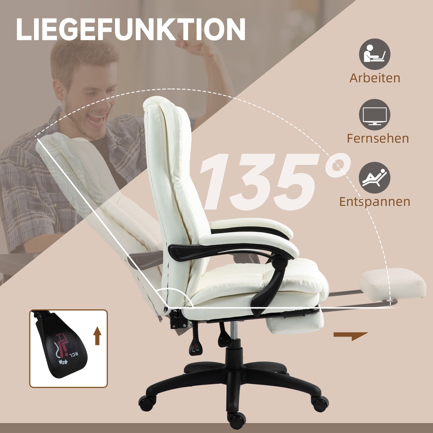 Ergonomisk krämig kontorsstol med massage & fotstöd