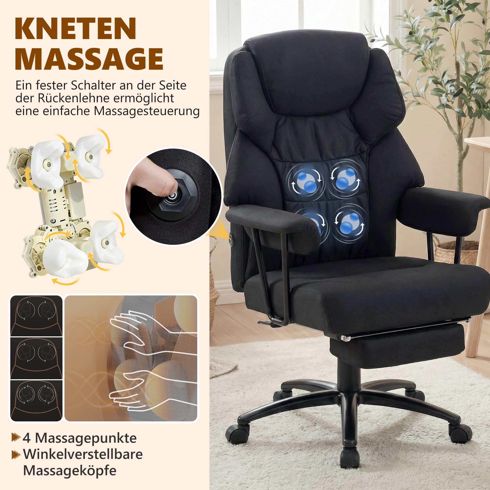 Kontorsstol med massage, lutning och fotstöd, svart läder