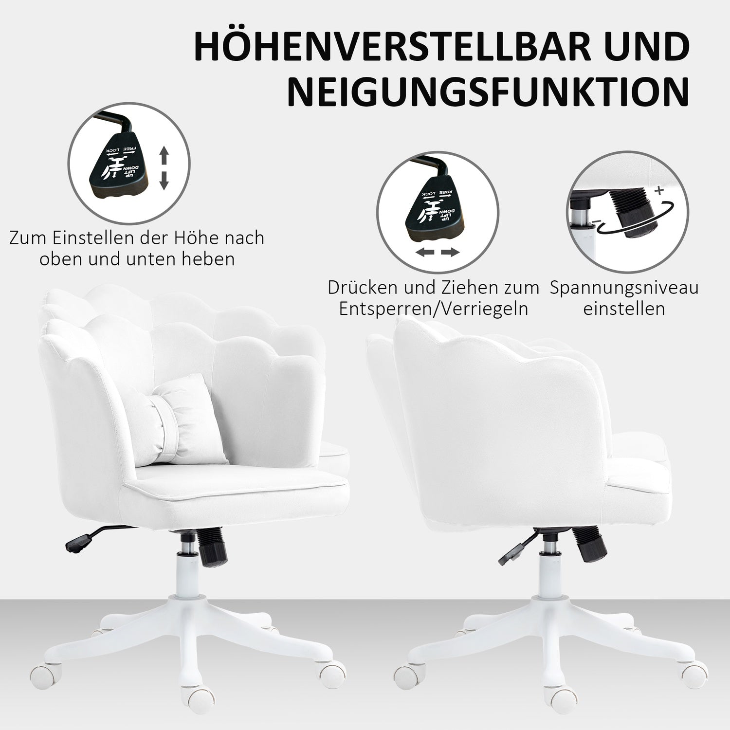 Vit Velvet-Look Swivel Office Stol med armstöd