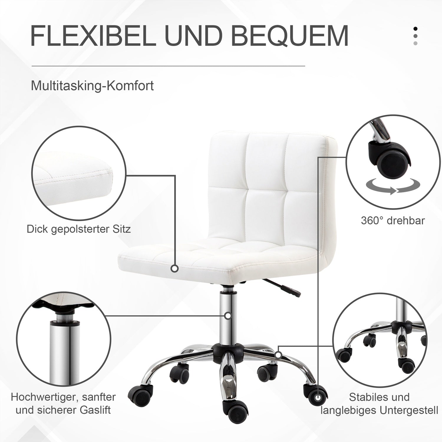 Kontorsstol, snurrstol, konstläder, stålram, 5 hjul, klädd, vit