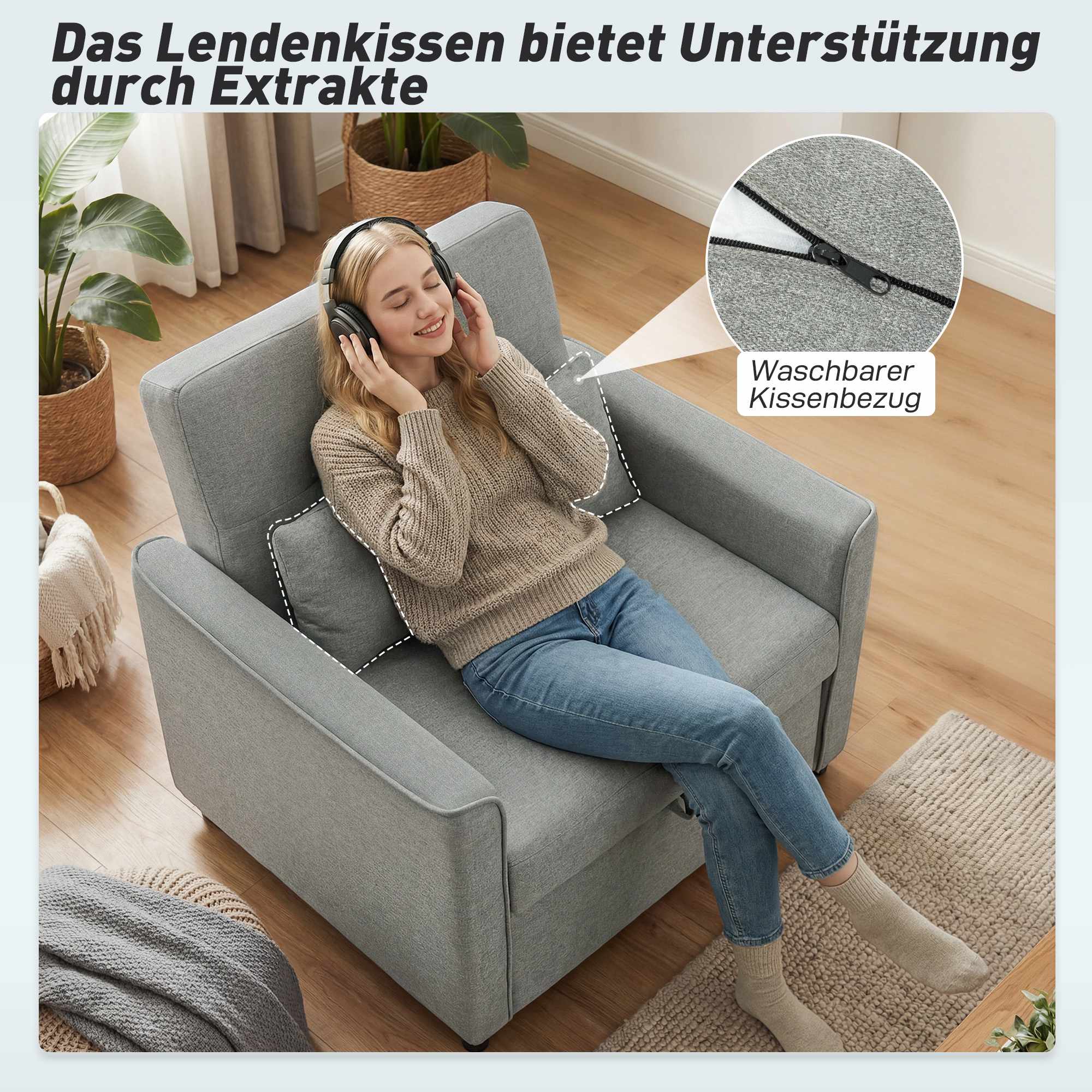 Konvertibel 3-i-1-bäddsoffa, justerbart ryggstöd, grå