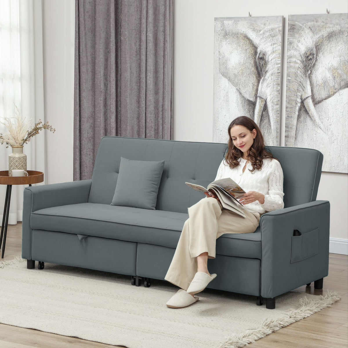 Konvertibel 3-seters sovesofa med justerbar ryggstøtte, grå