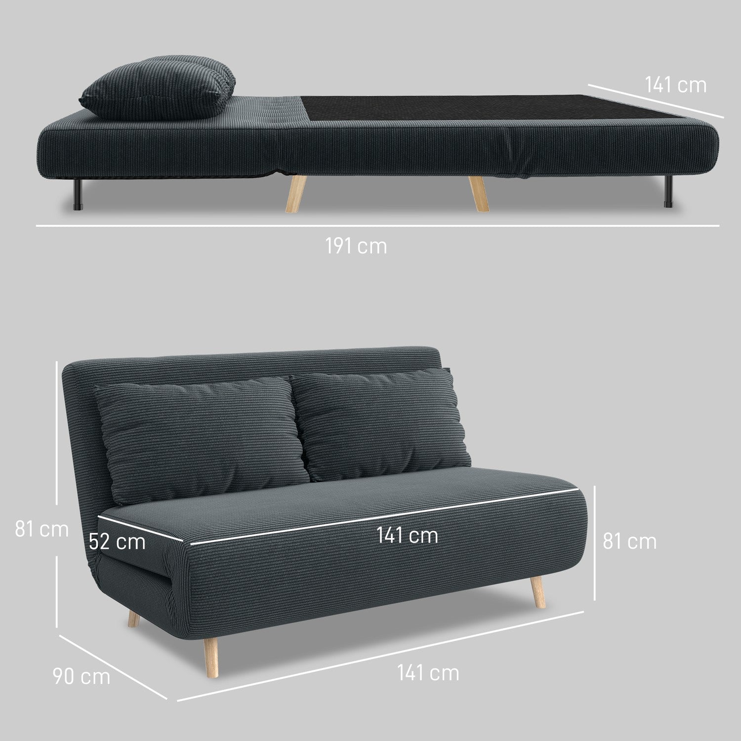 Konvertibel bäddsoffa, justerbart ryggstöd, mörkgrå, 141x90x81 cm