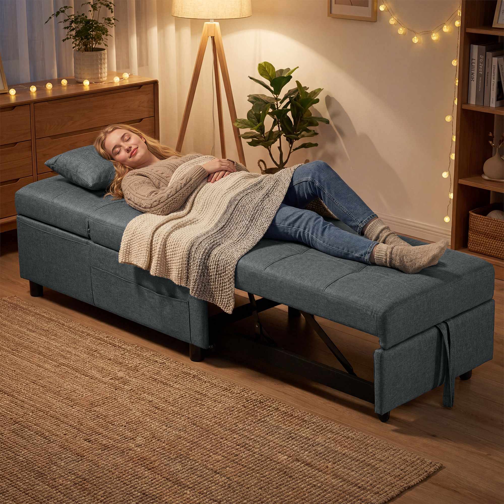 Konvertibel bäddsoffa med justerbart ryggstöd och dyna