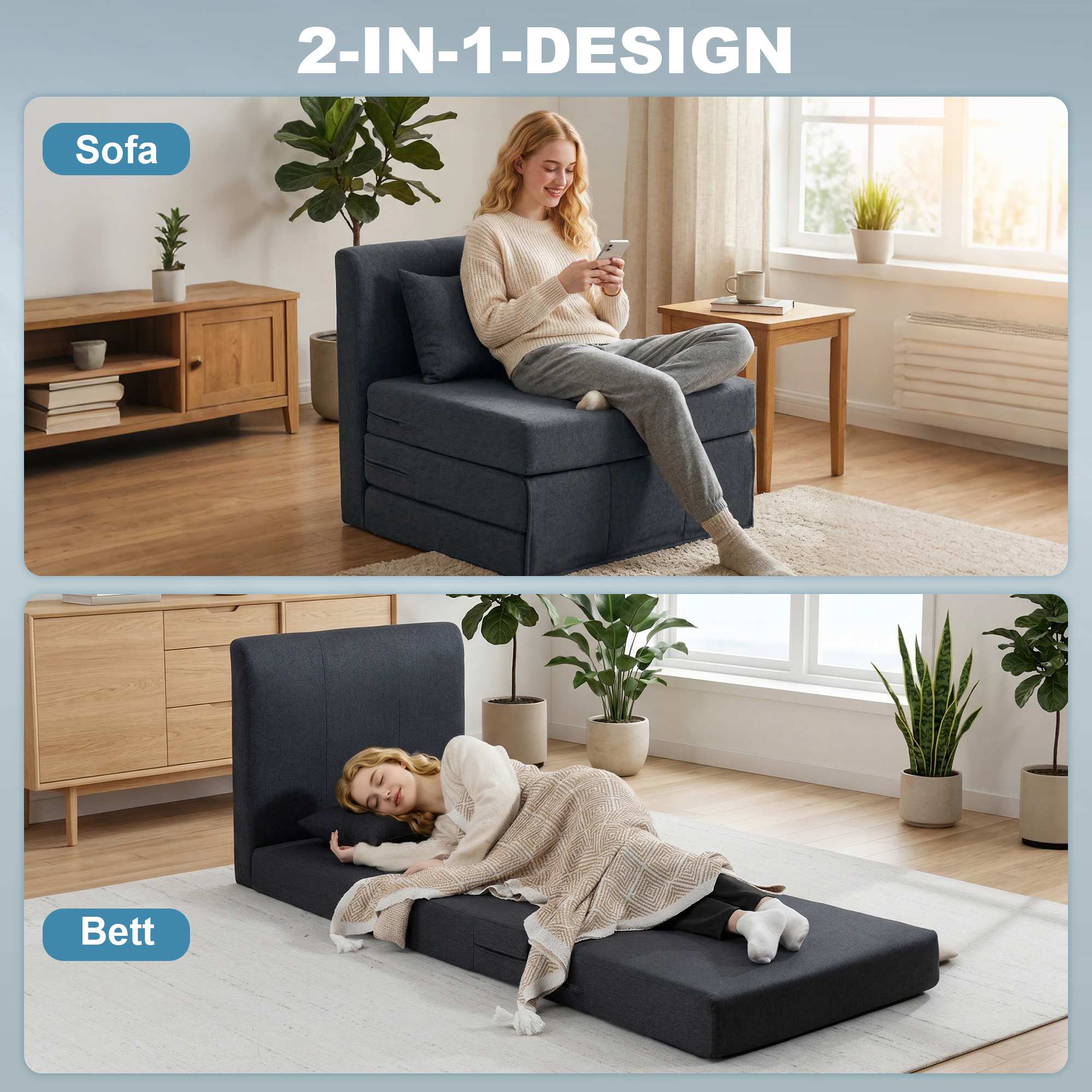 Konvertibel bäddsoffa med linnestruktur, mörkgrå