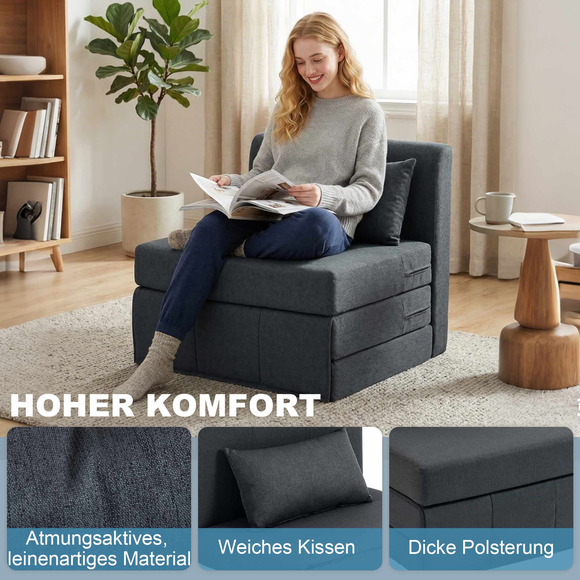Konvertibel bäddsoffa med linnestruktur, mörkgrå