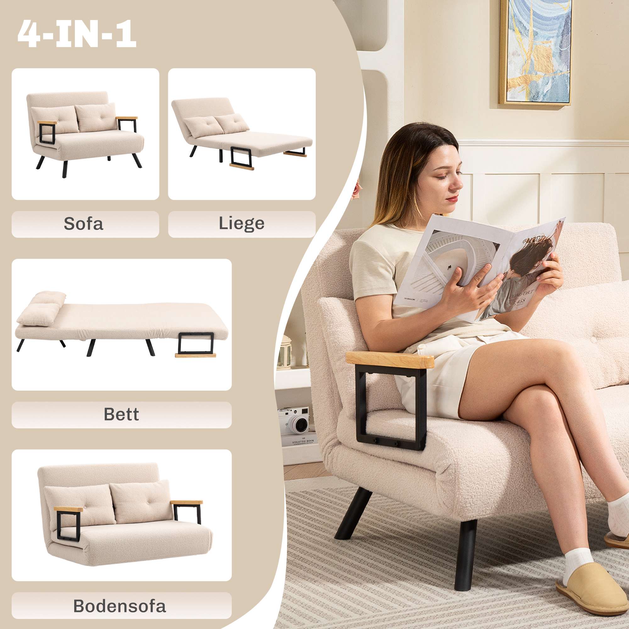 Konvertibel sammetsbäddsoffa med kuddar, beige