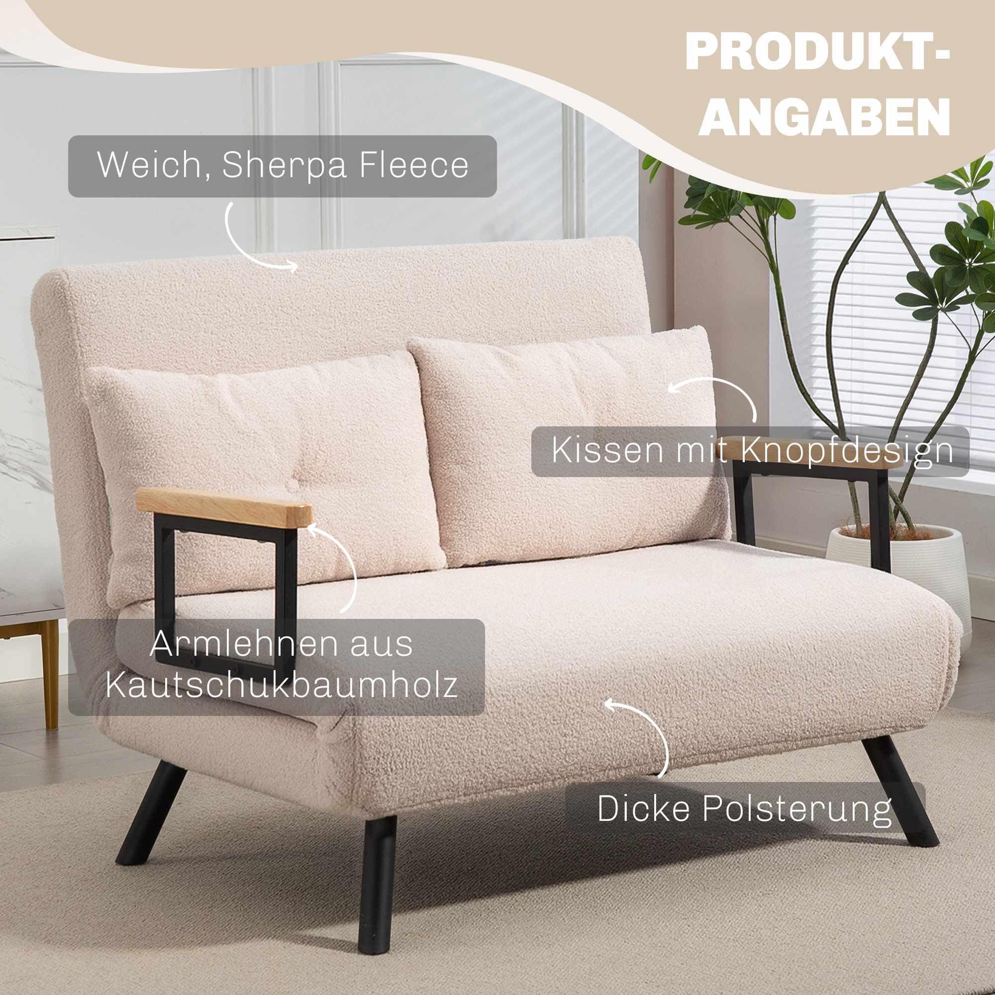 Konvertibel sammetsbäddsoffa med kuddar, beige