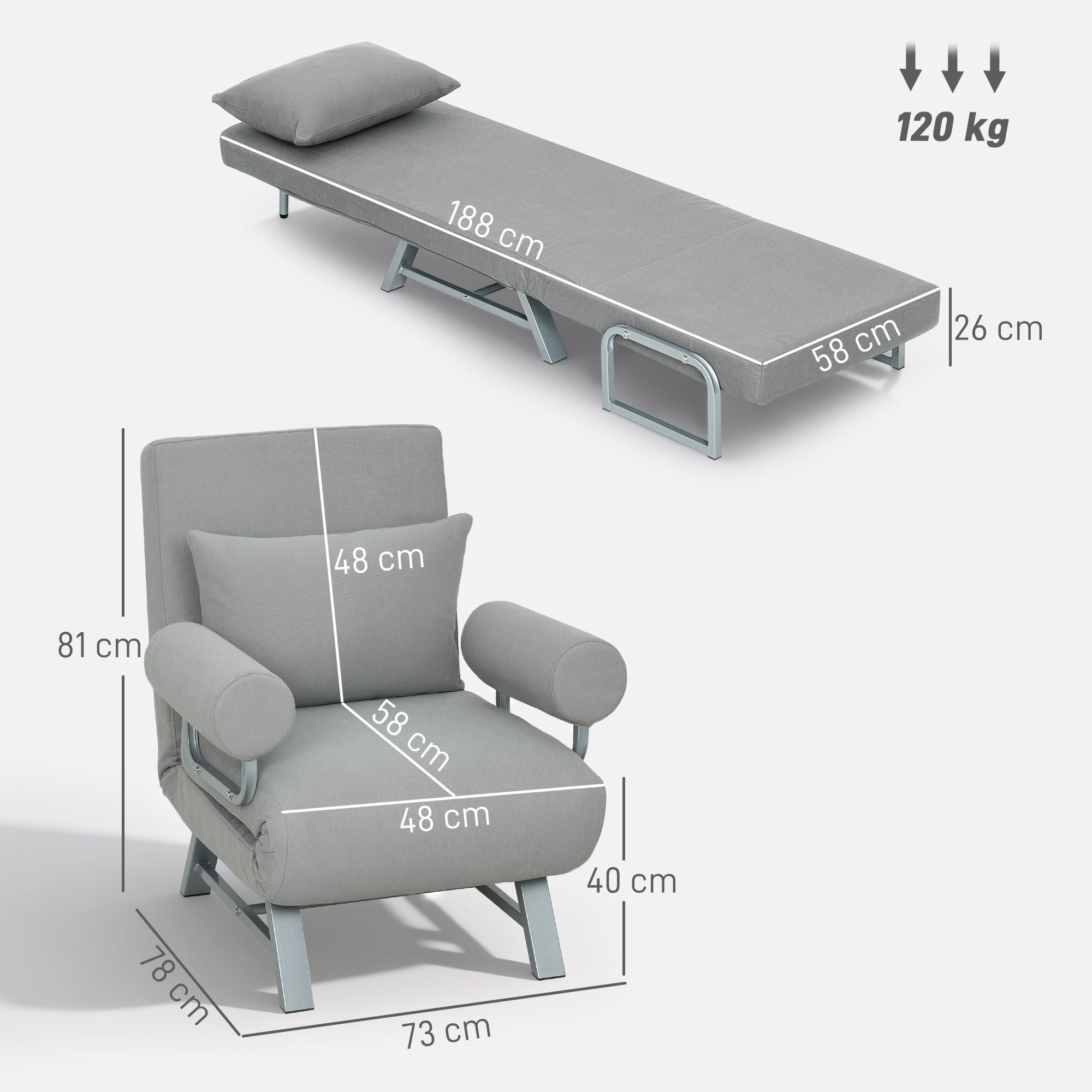 Konvertibel sovfåtölj, ergonomisk, ljusgrått tyg