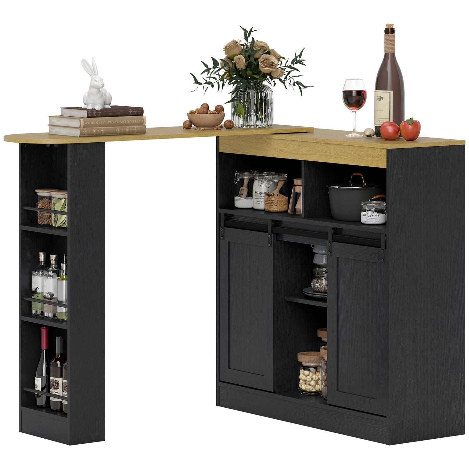Konvertibelt L-format barbord, svart MDF, gott om förvaring