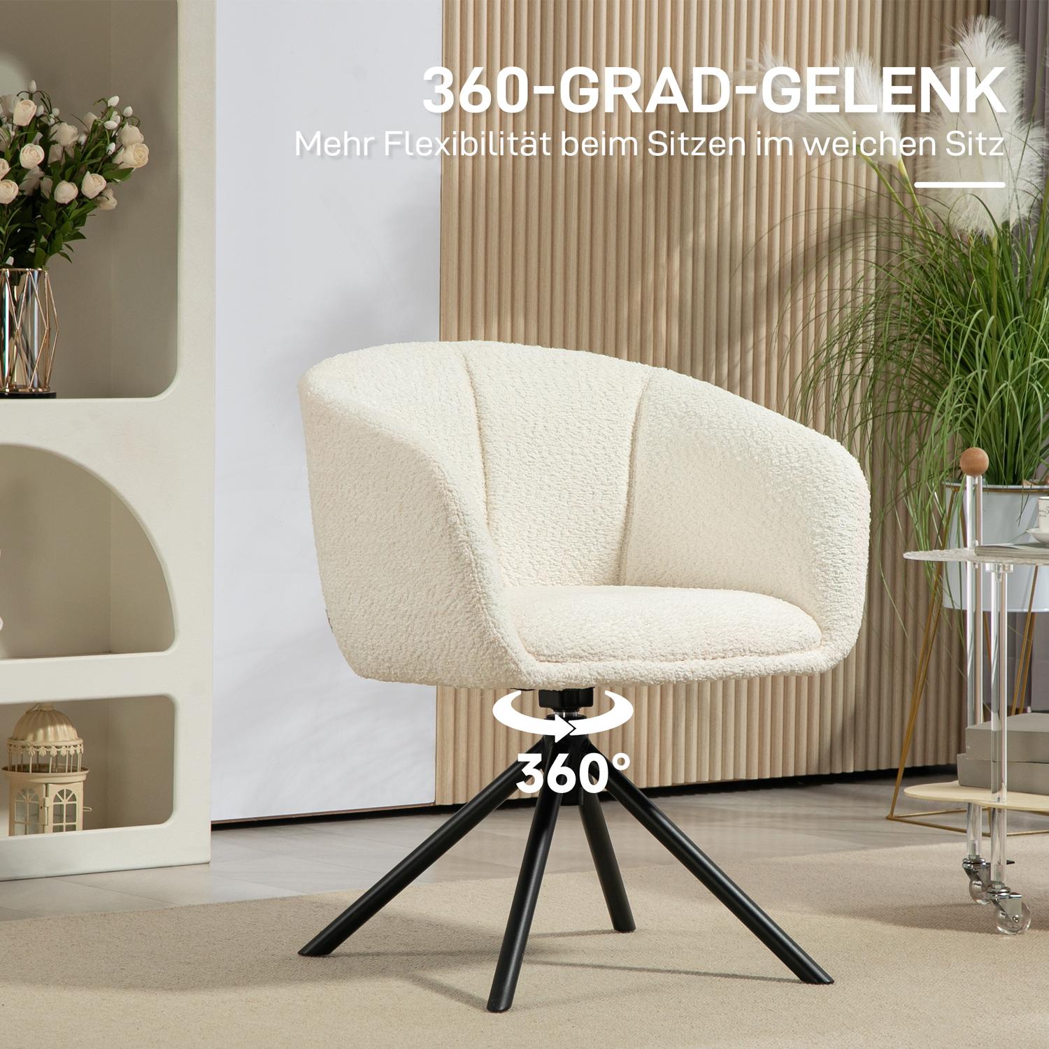 Krämvit fåtölj, 360° vridbar, linnelook, metallben