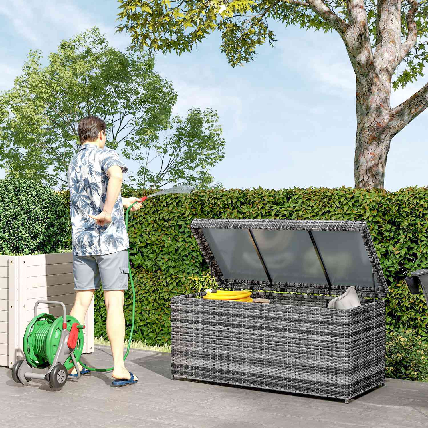Kuddlåda i rotting 380L väderbeständig kuddlåda med lock förvaringsutrymme UV-beständig 130 x 61 x 65 cm mörkgrå