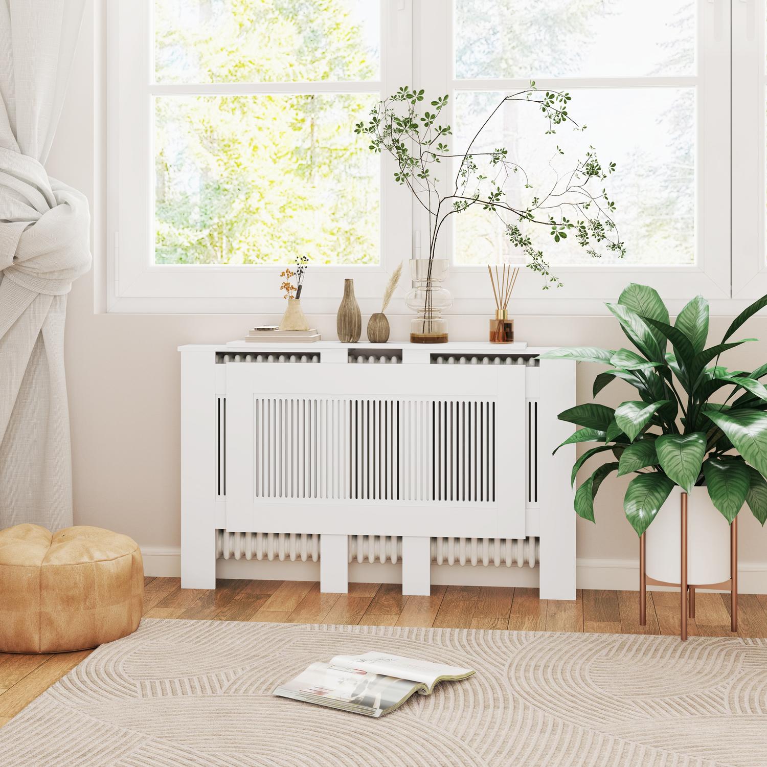Utdragbart vitt kylarskydd med hylla, spaltdesign