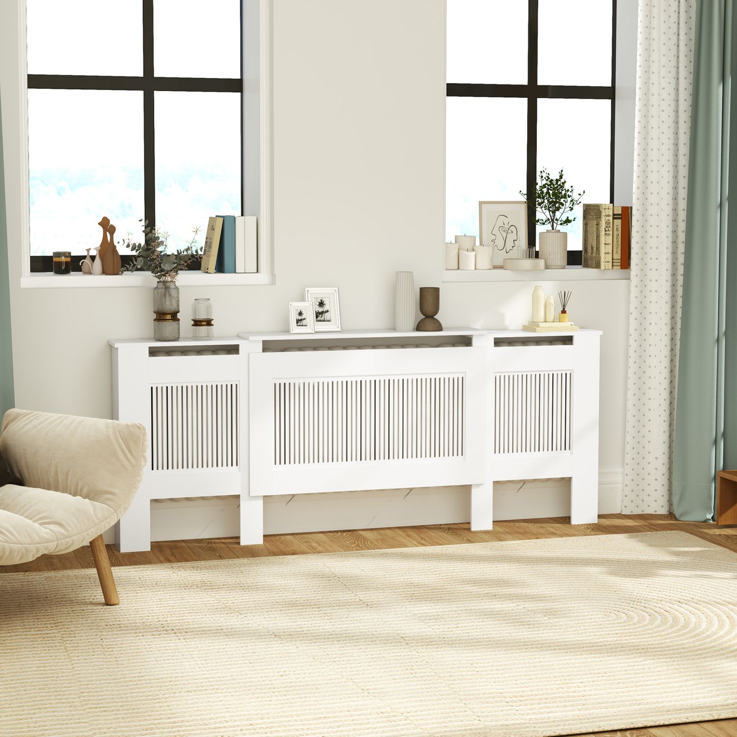 Utdragbart vitt kylarskydd med hylla, spaltdesign