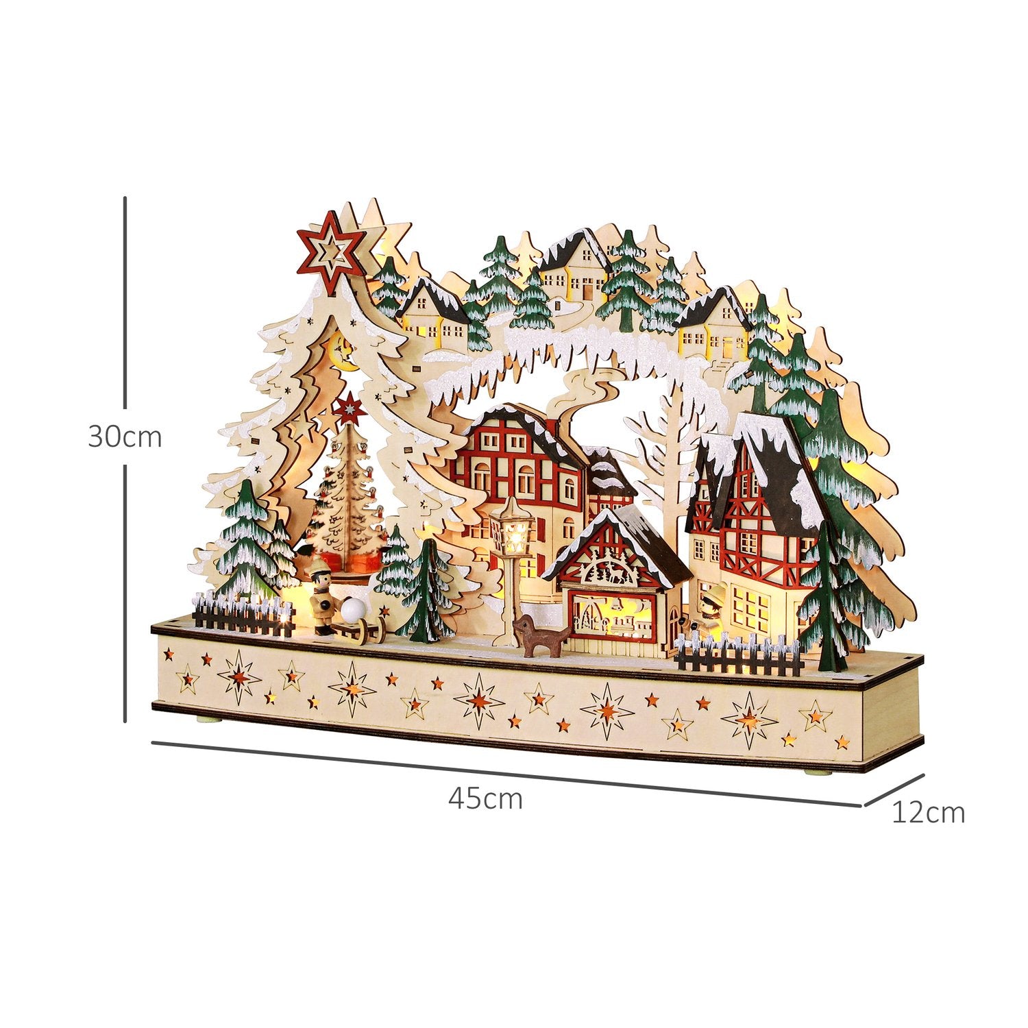 LED-Lit Wooden Christmas Village – 20 st ljus, 45x12x30 cm