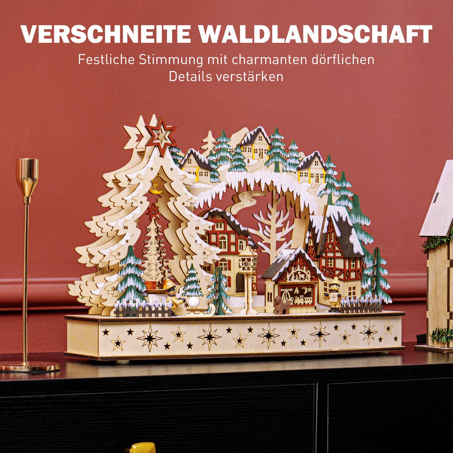LED-Lit Wooden Christmas Village – 20 st ljus, 45x12x30 cm