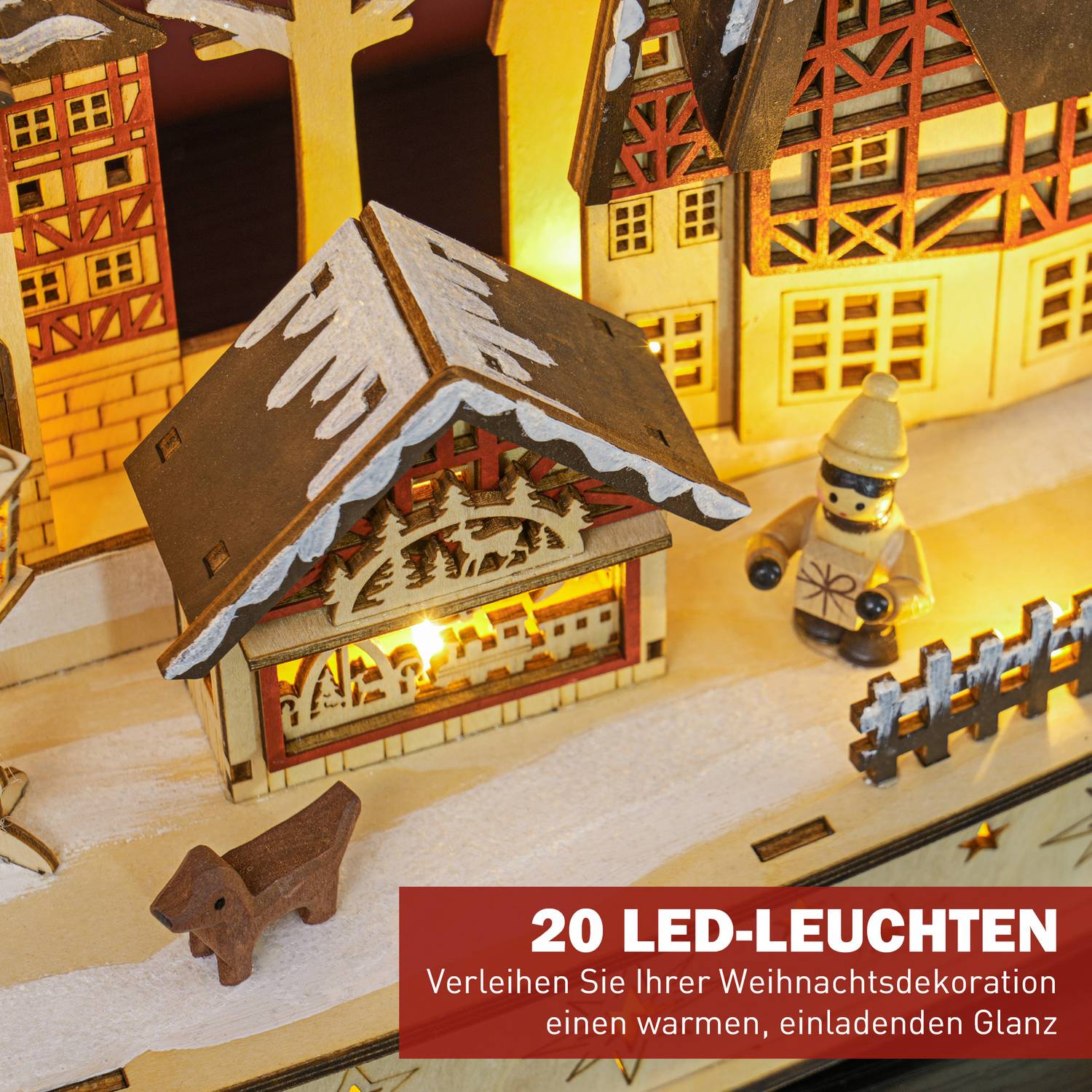 LED-Lit Wooden Christmas Village – 20 st ljus, 45x12x30 cm