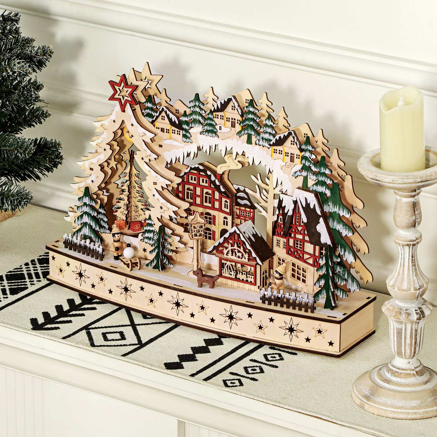 LED-Lit Wooden Christmas Village – 20 st ljus, 45x12x30 cm