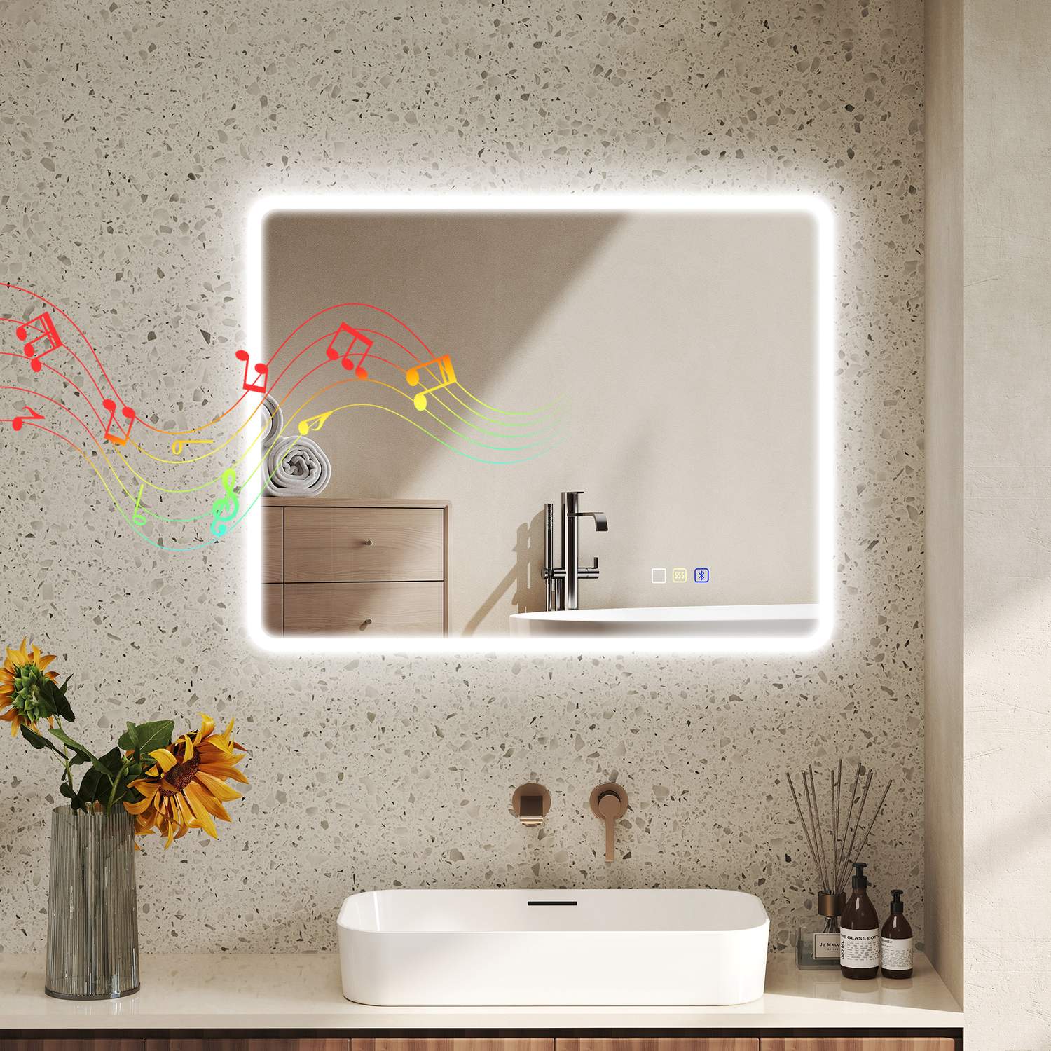 LED-badrumsspegel med Bluetooth, 70x90 cm, pekskärm
