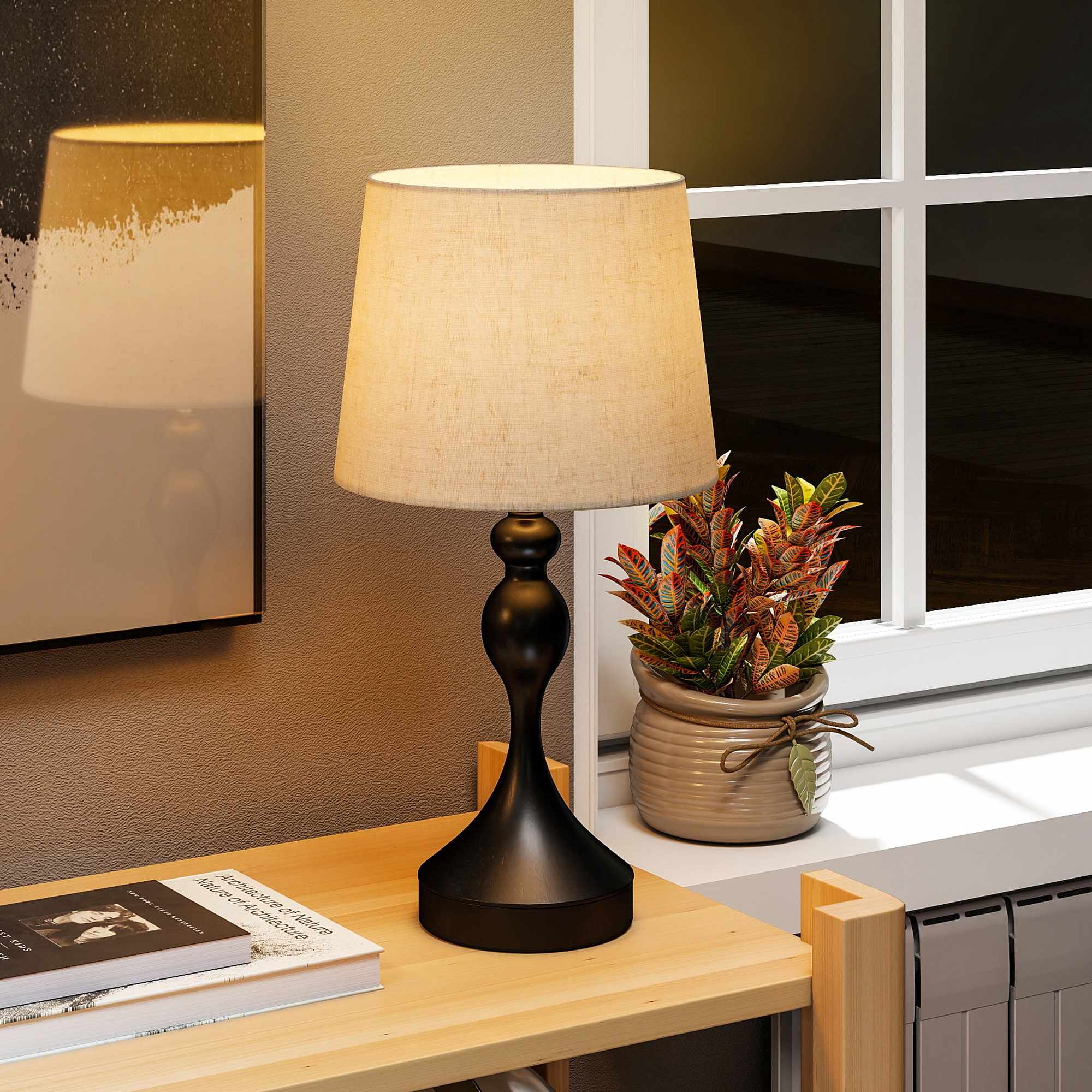 LED-bordslampa med 3 färgtemperaturer, USB A+C-portar, svart linneskärm