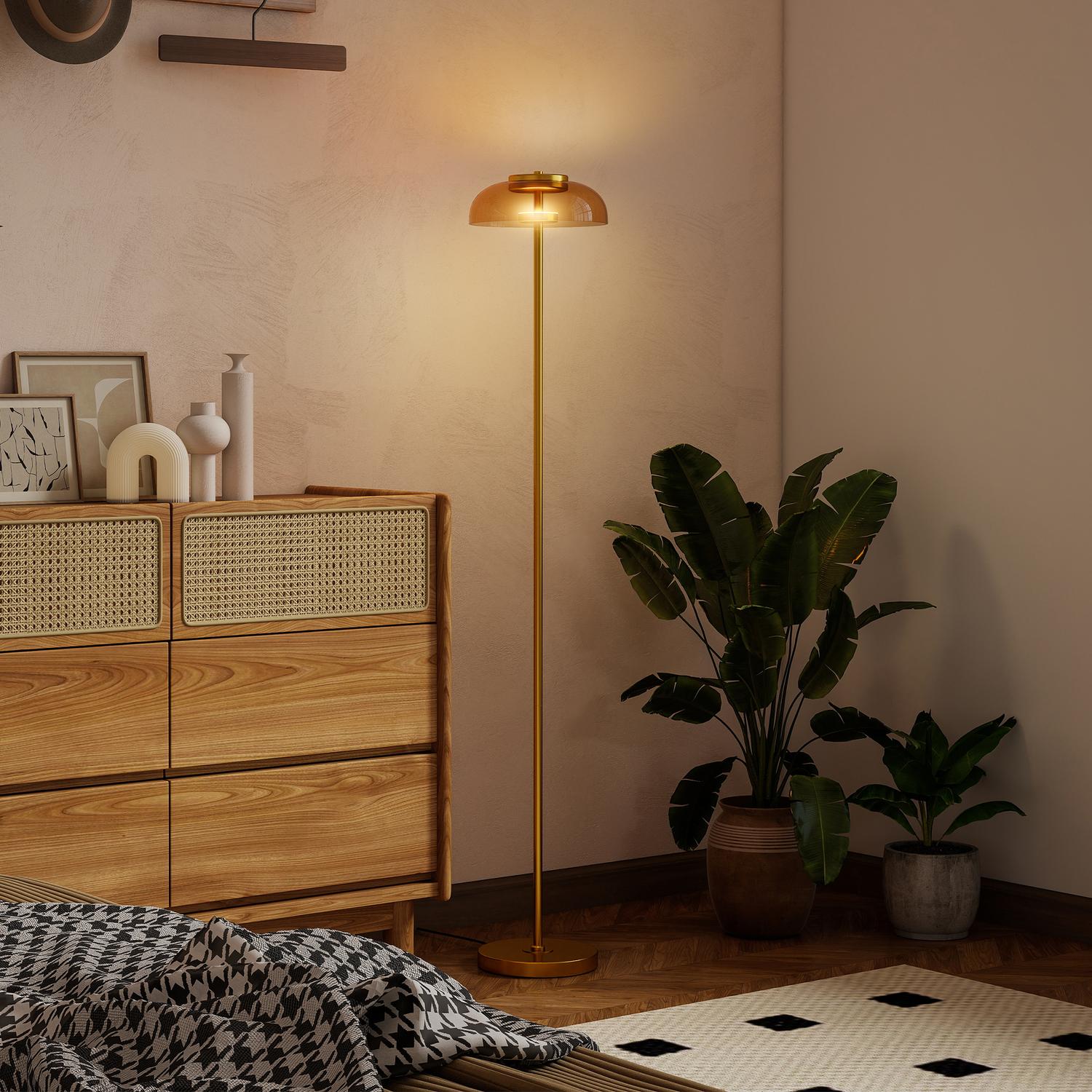 LED-golvlampa, 3000K varmt ljus, mässingsfinish, fotpedal