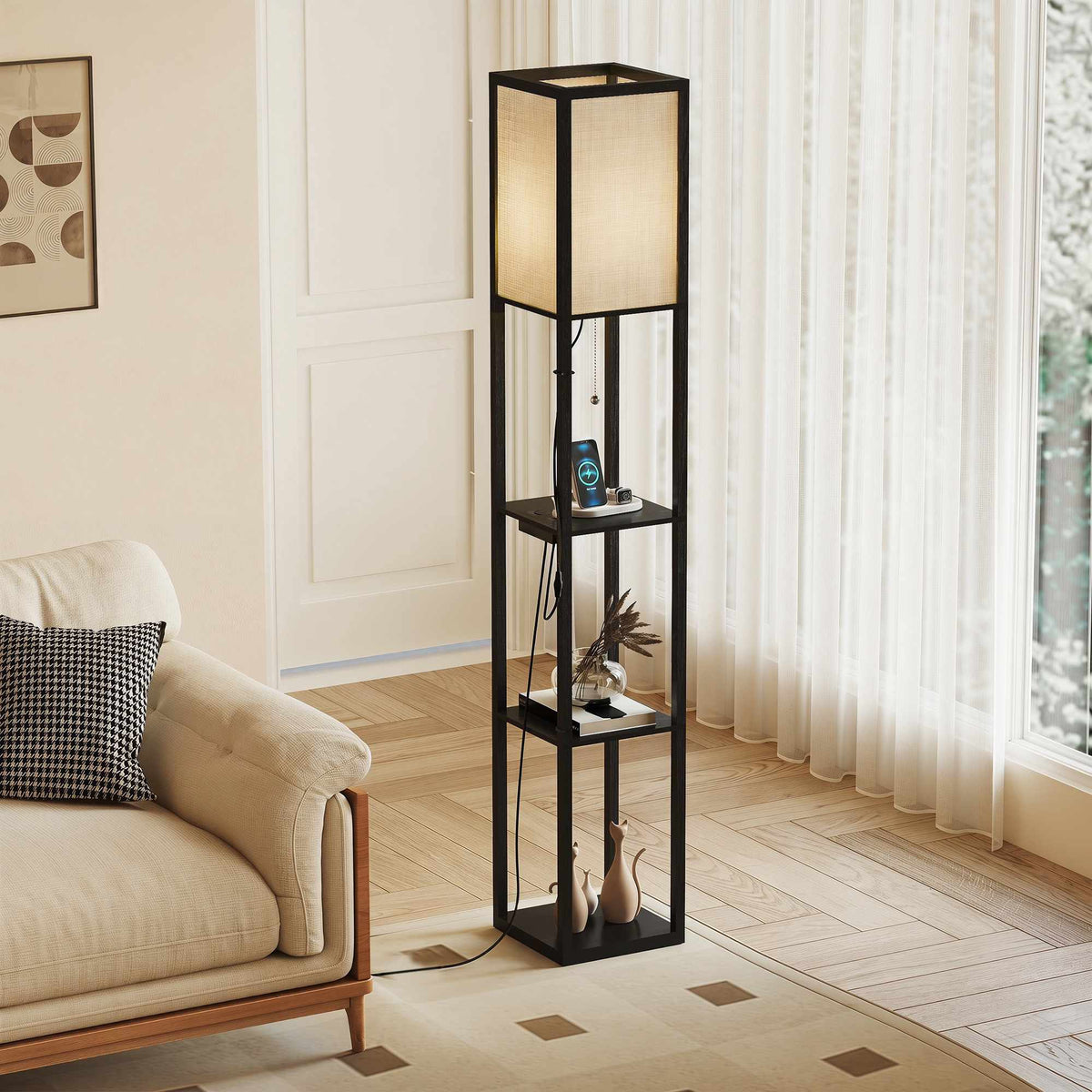 LED-gulvlampe med 3 hyller, dimbar, USB, stikkontakt, svart