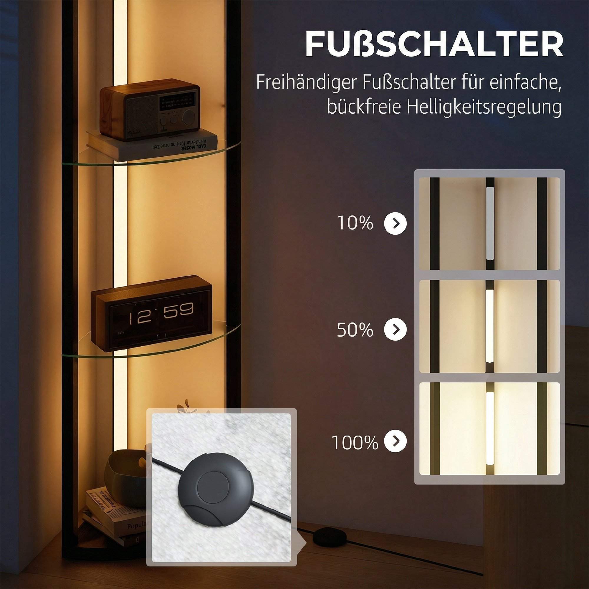 LED-golvlampa med hyllor, justerbar ljusstyrka, svart