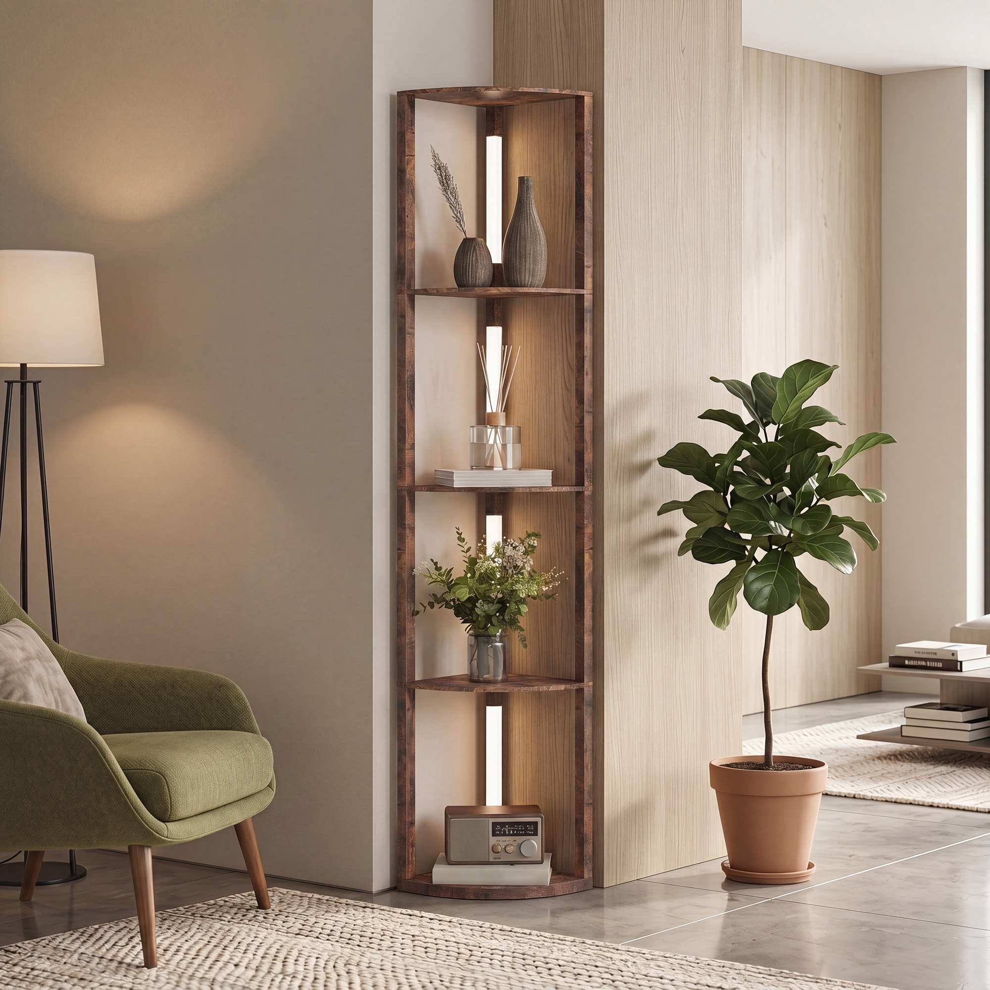 LED-golvlampa med hyllor, rustik brun, fotpedal, dimbar