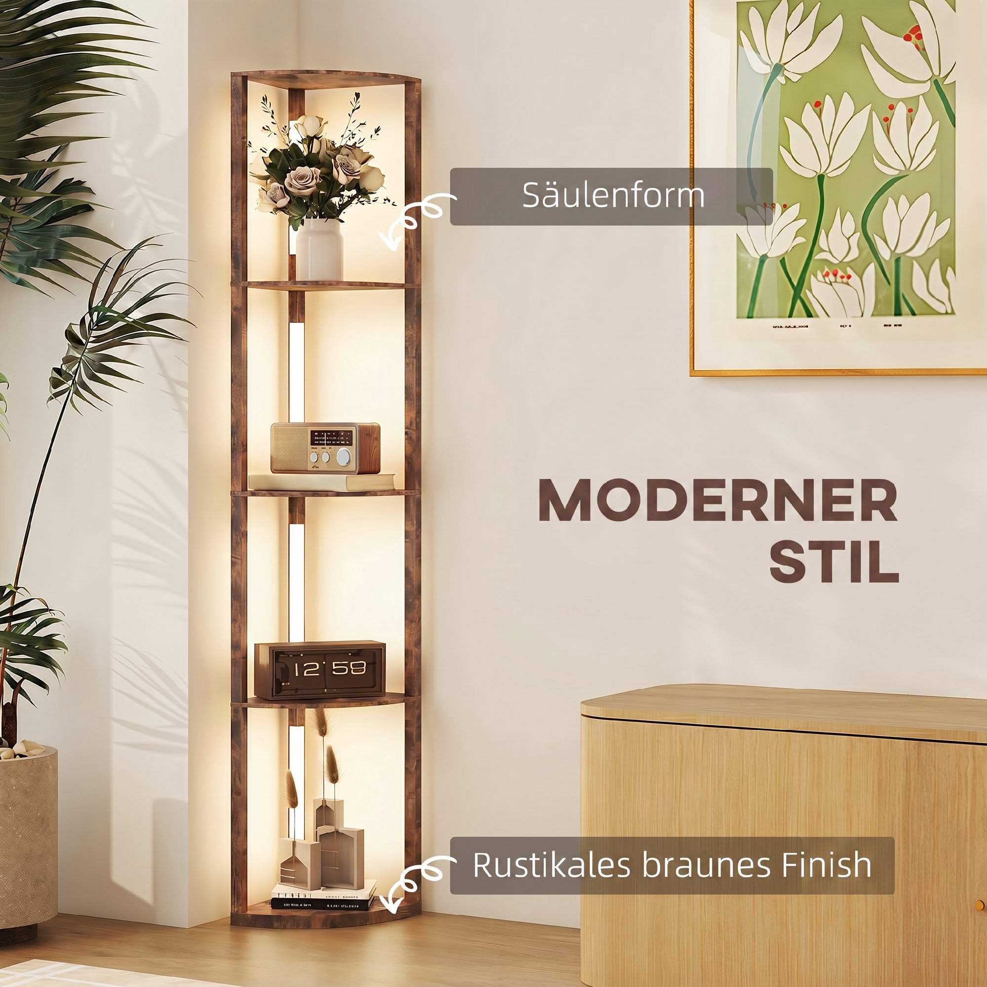 LED-golvlampa med hyllor, rustik brun, fotpedal, dimbar