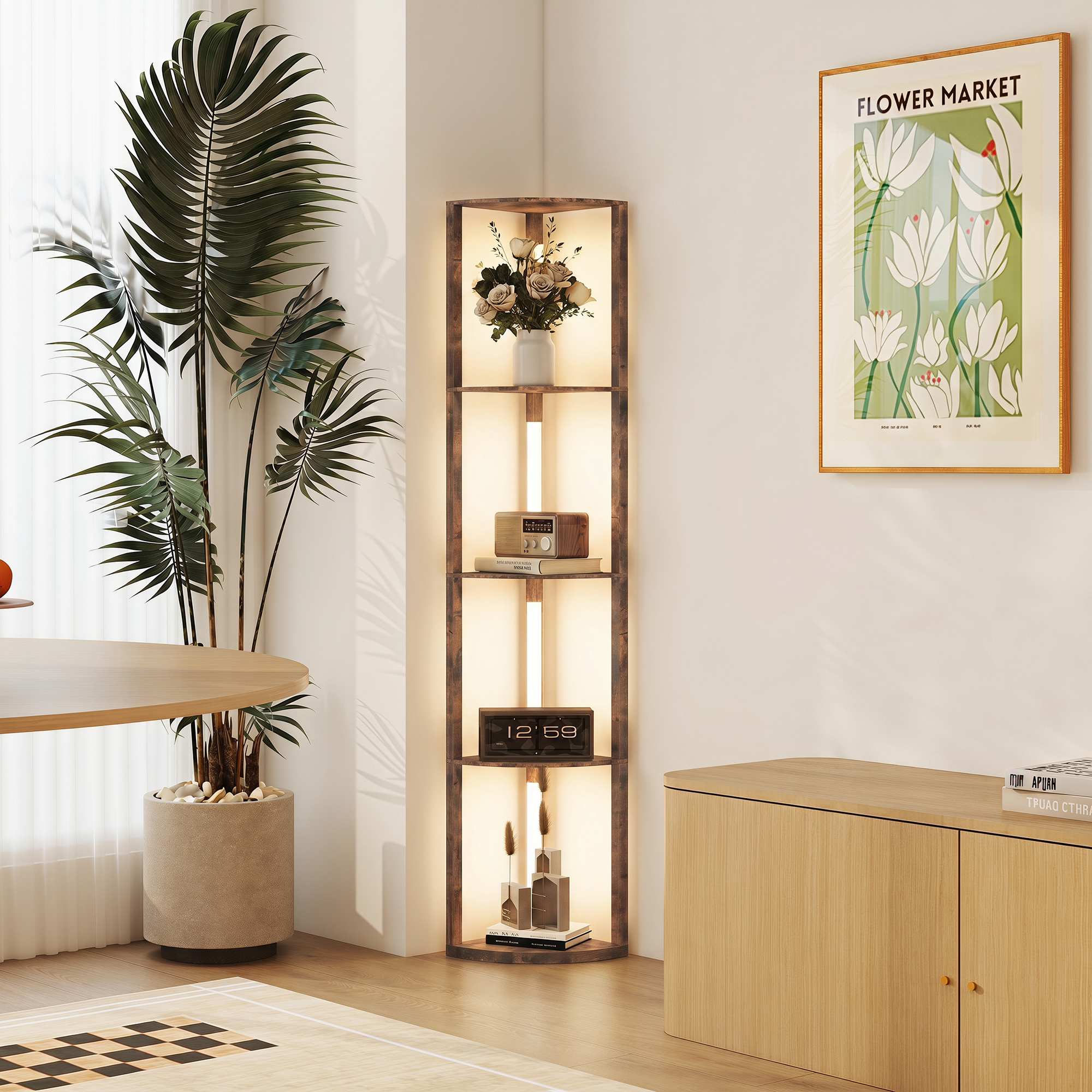 LED-golvlampa med hyllor, rustik brun, fotpedal, dimbar