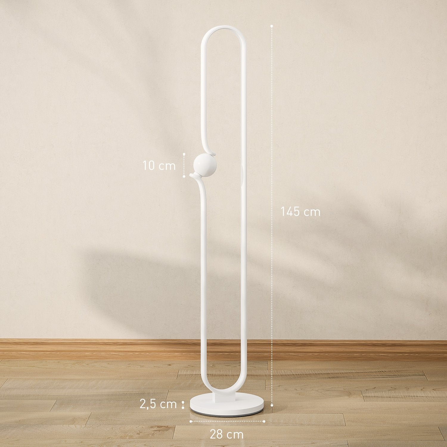 LED-golvlampa, musiknotdesign, glasskärm, metall, plast, vit