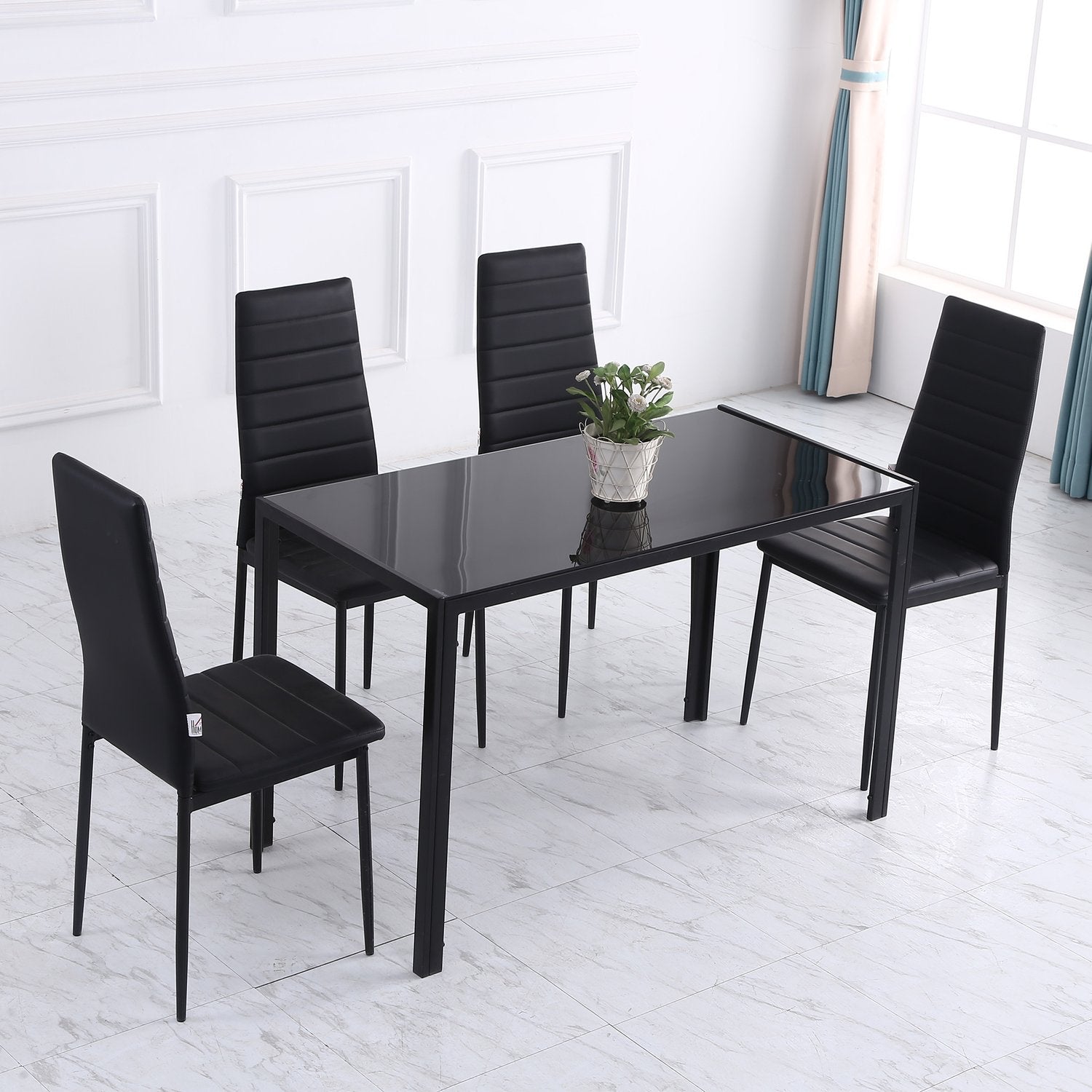 LED köksmatbord för 4, härdat glas, svart