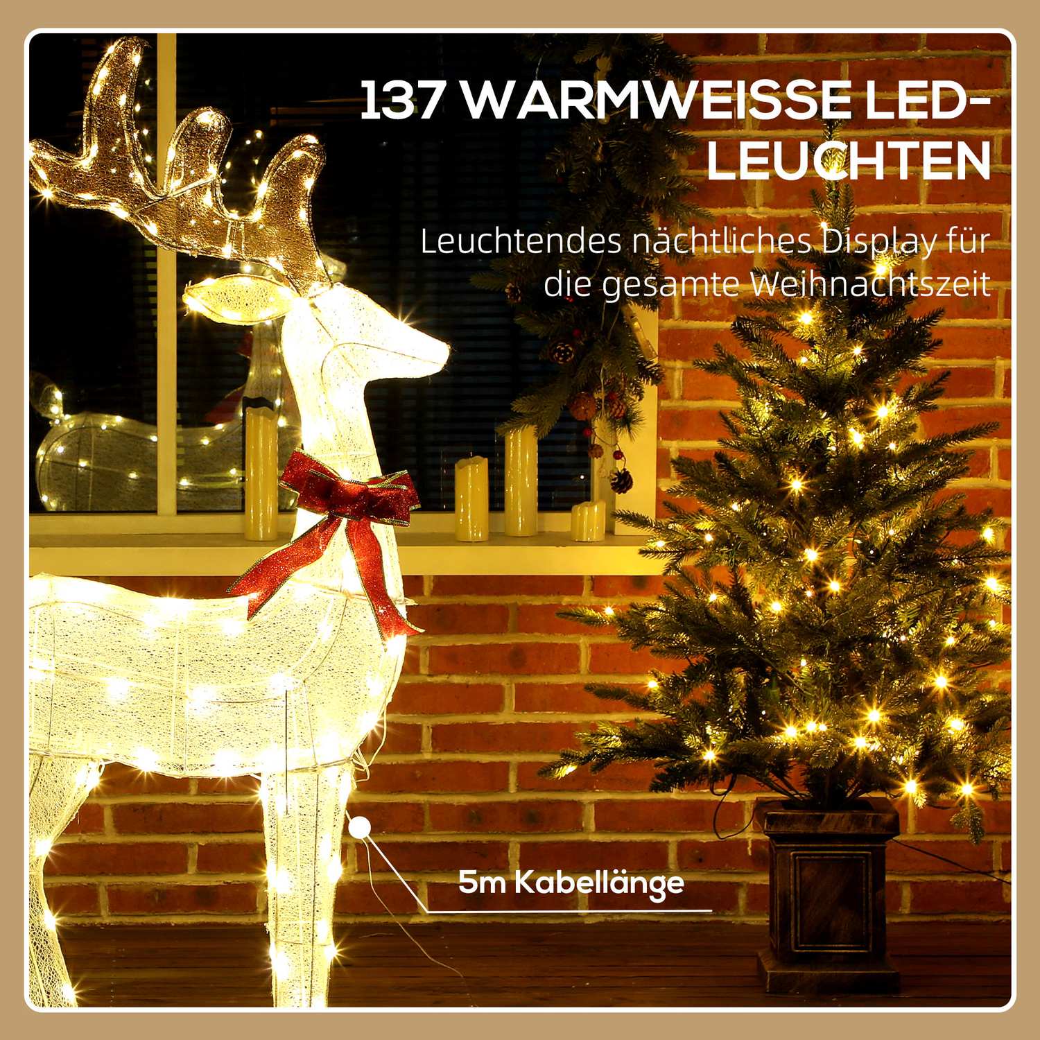 LED-ren med röd rosett, 137 ljus, väderbeständig, 66x25x135 cm