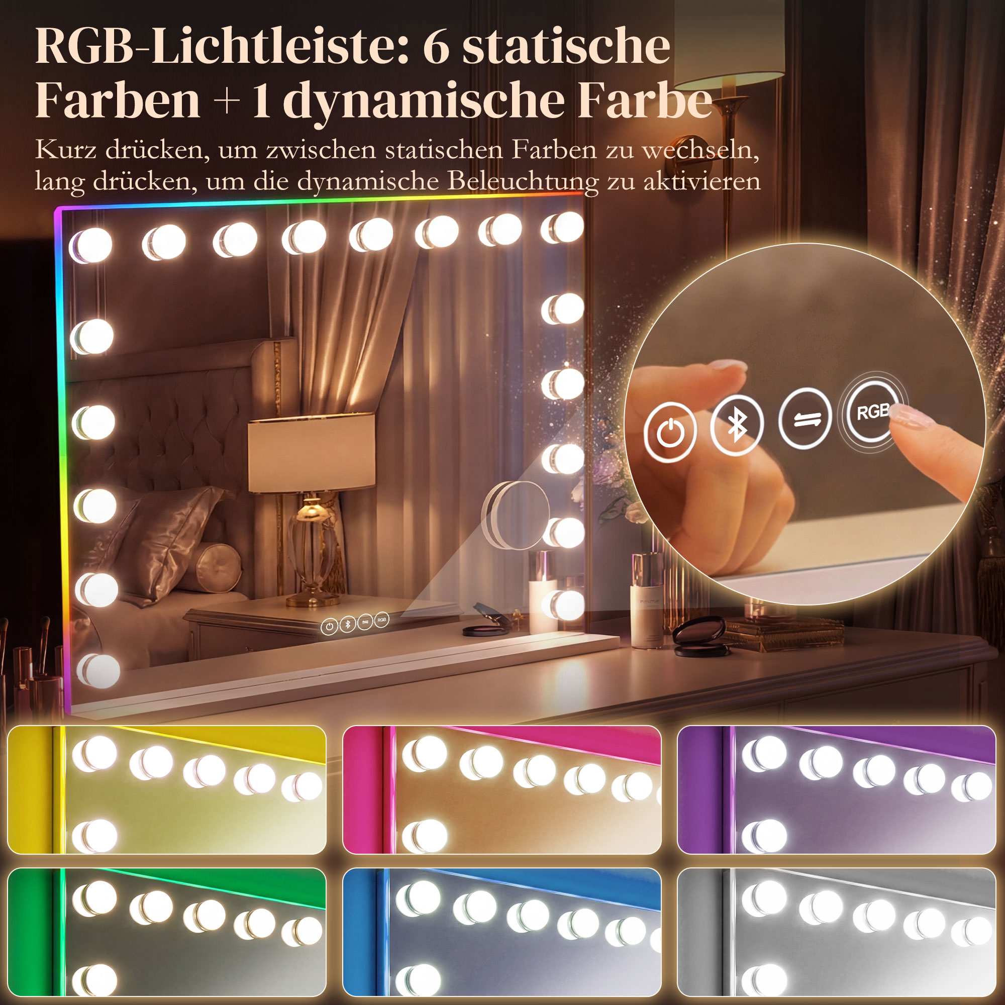 LED-sminkspegel med Bluetooth, RGB, 10x förstoring