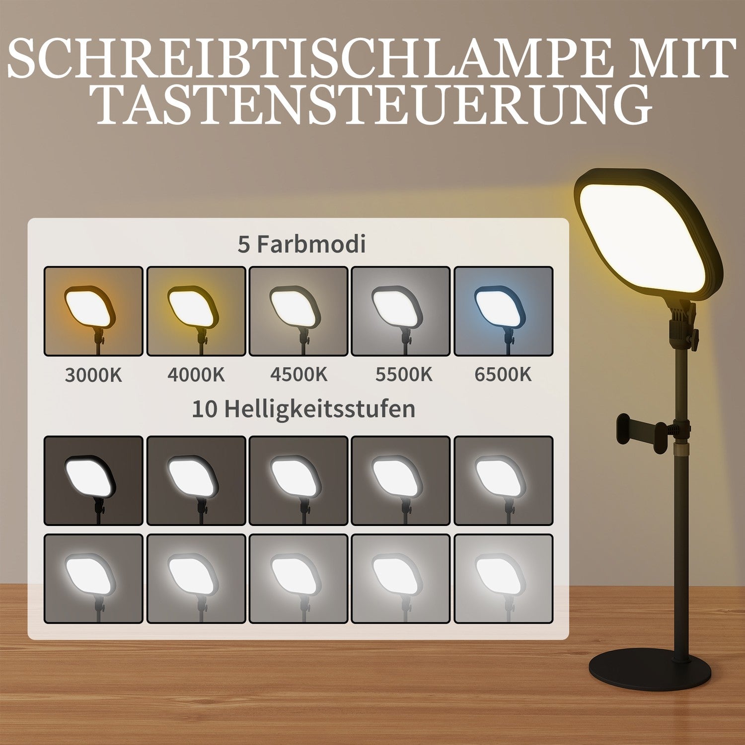 LED sänglampa, 10 dimningsnivåer, 5 färger, minnesfunktion, metall, svart