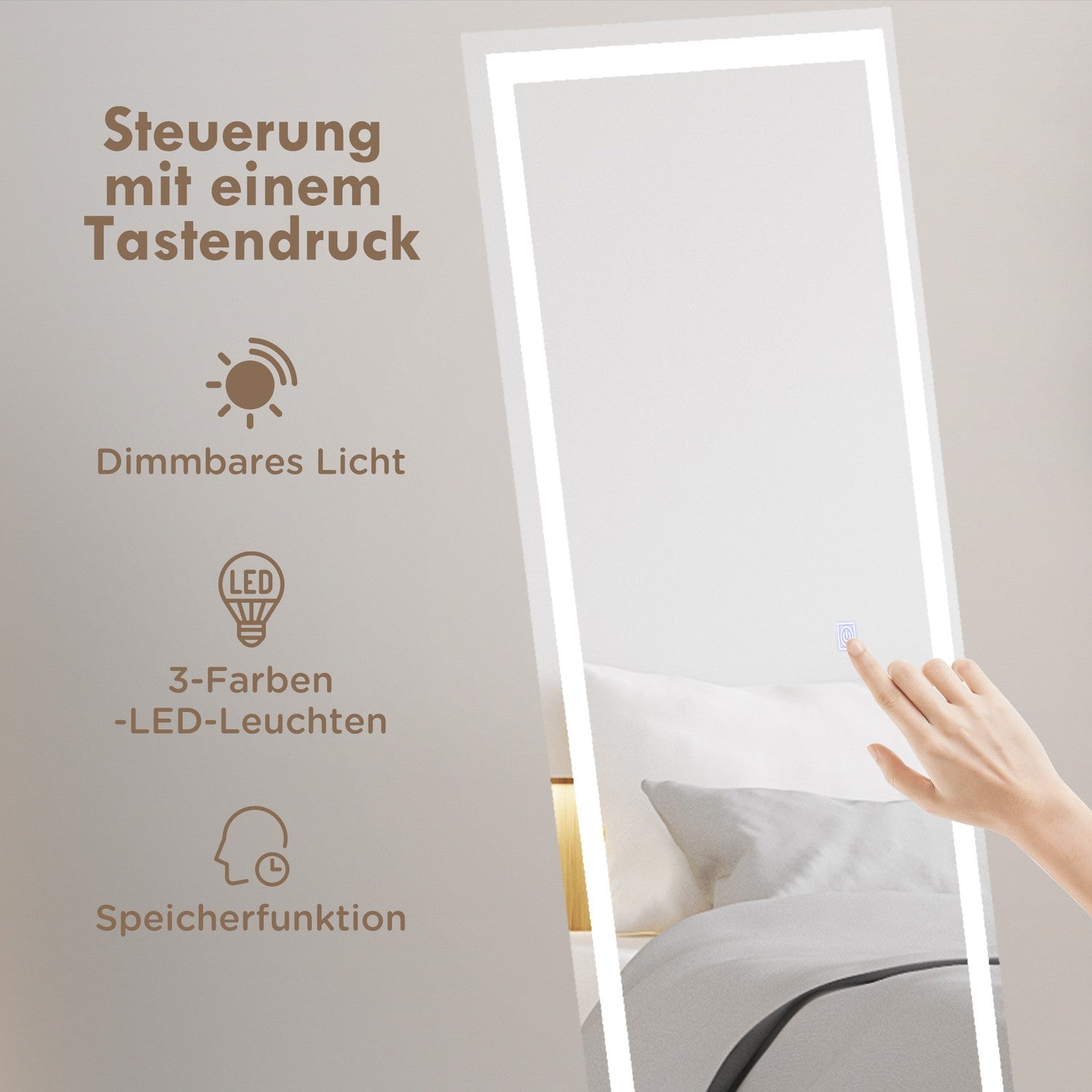 LED-spegel i full längd, 40x150cm, Touch Control, Vit