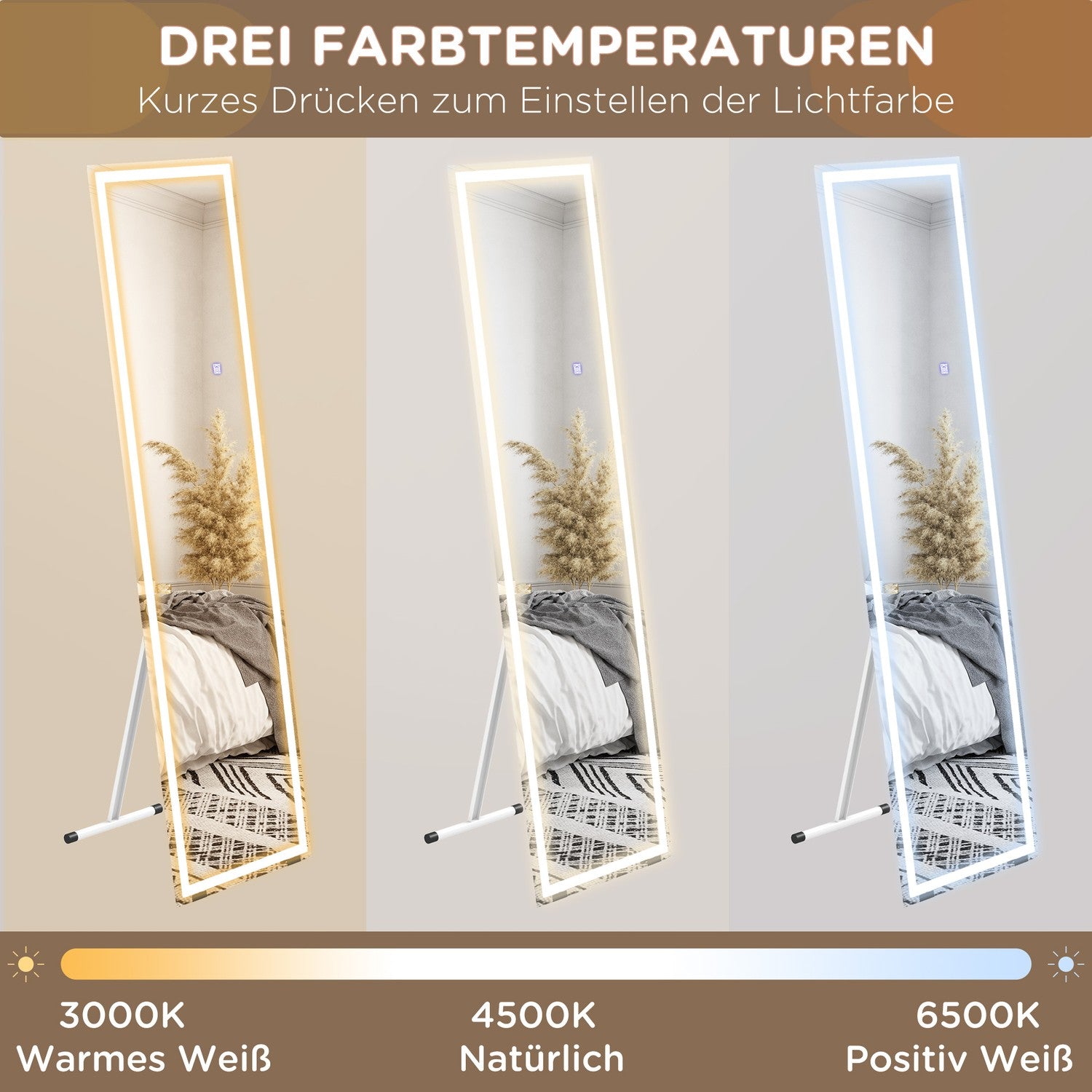 LED-spegel i full längd, 40x150cm, Touch Control, Vit
