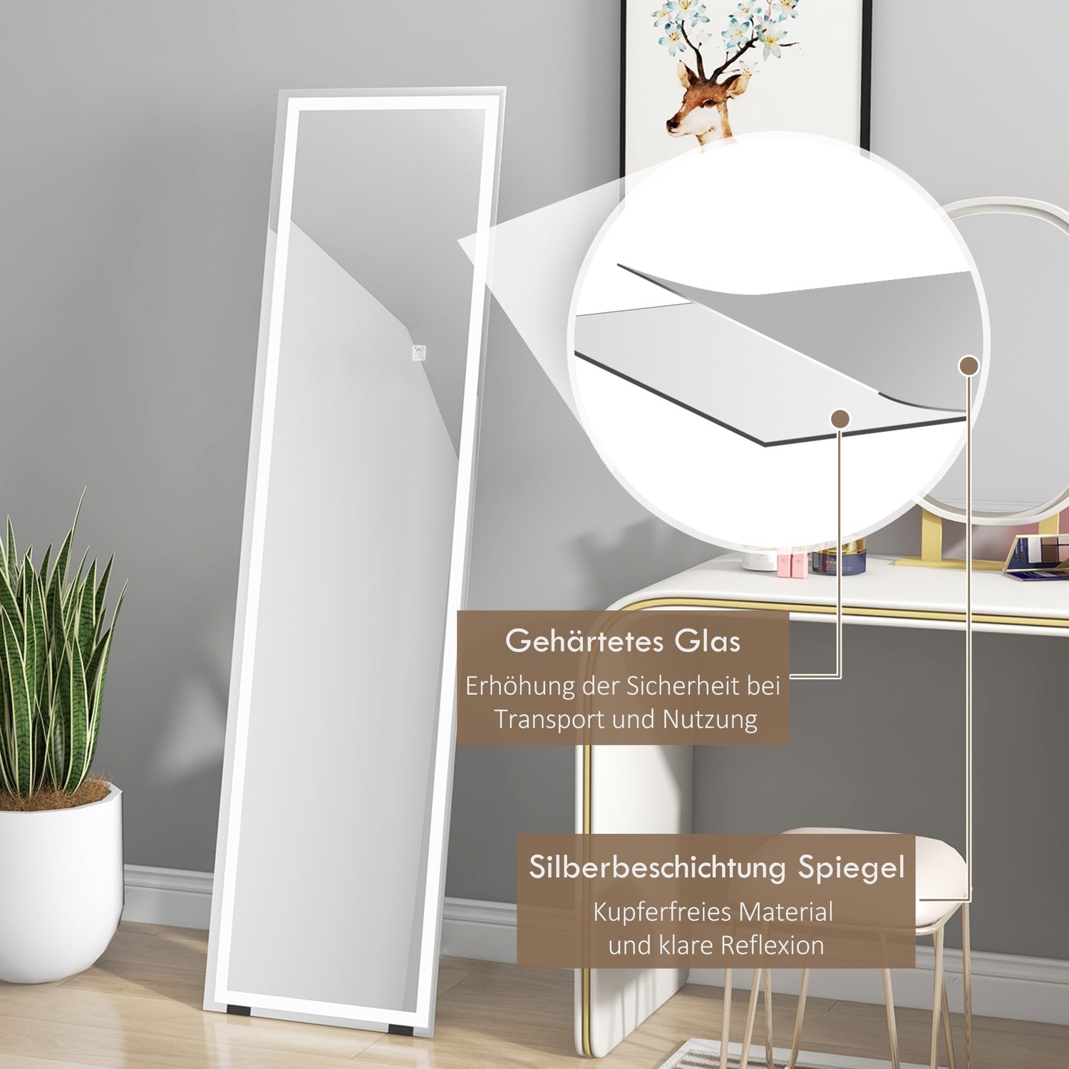 LED-spegel i full längd, 40x150cm, Touch Control, Vit