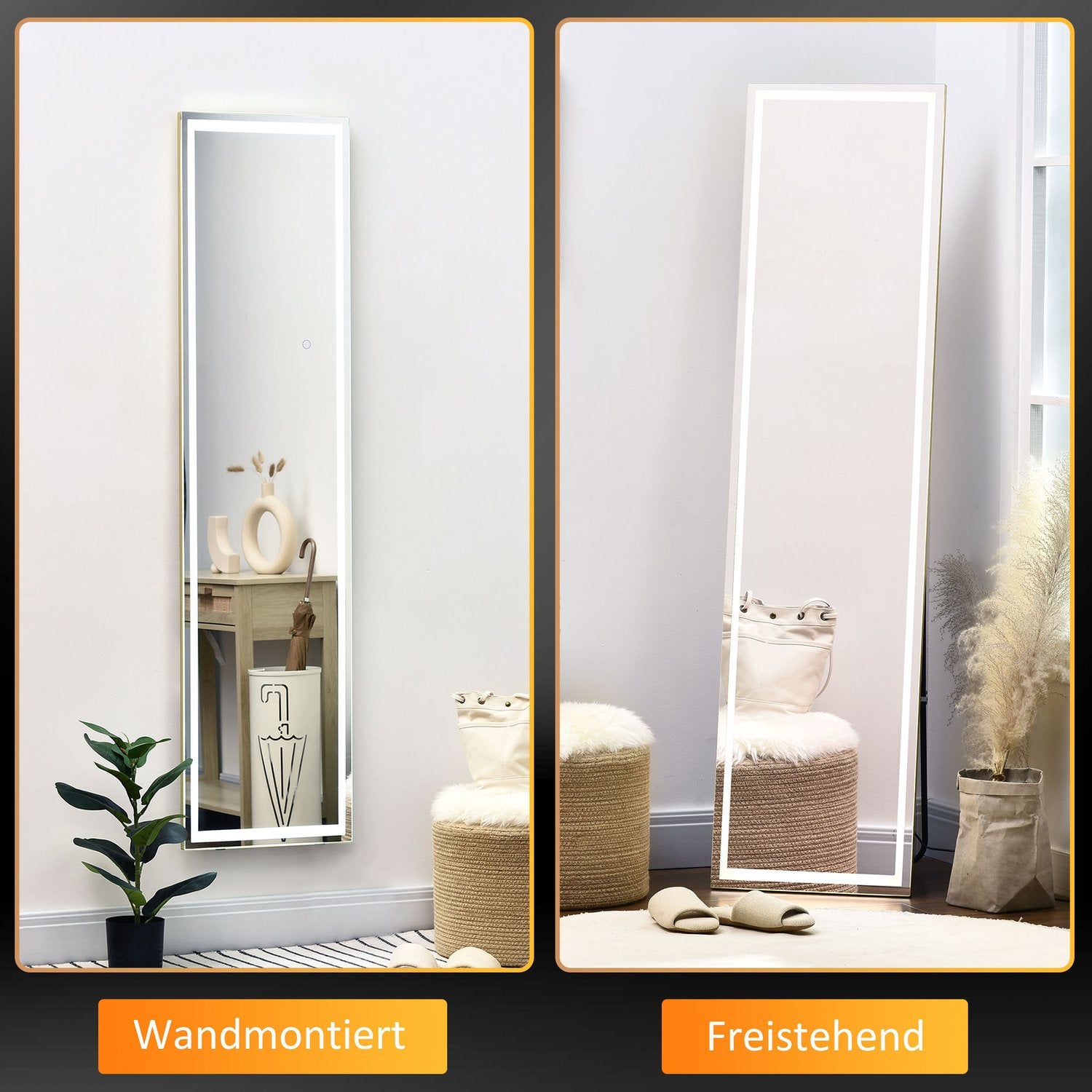 LED väggspegel och fullängdsspegel med aluminiumram
