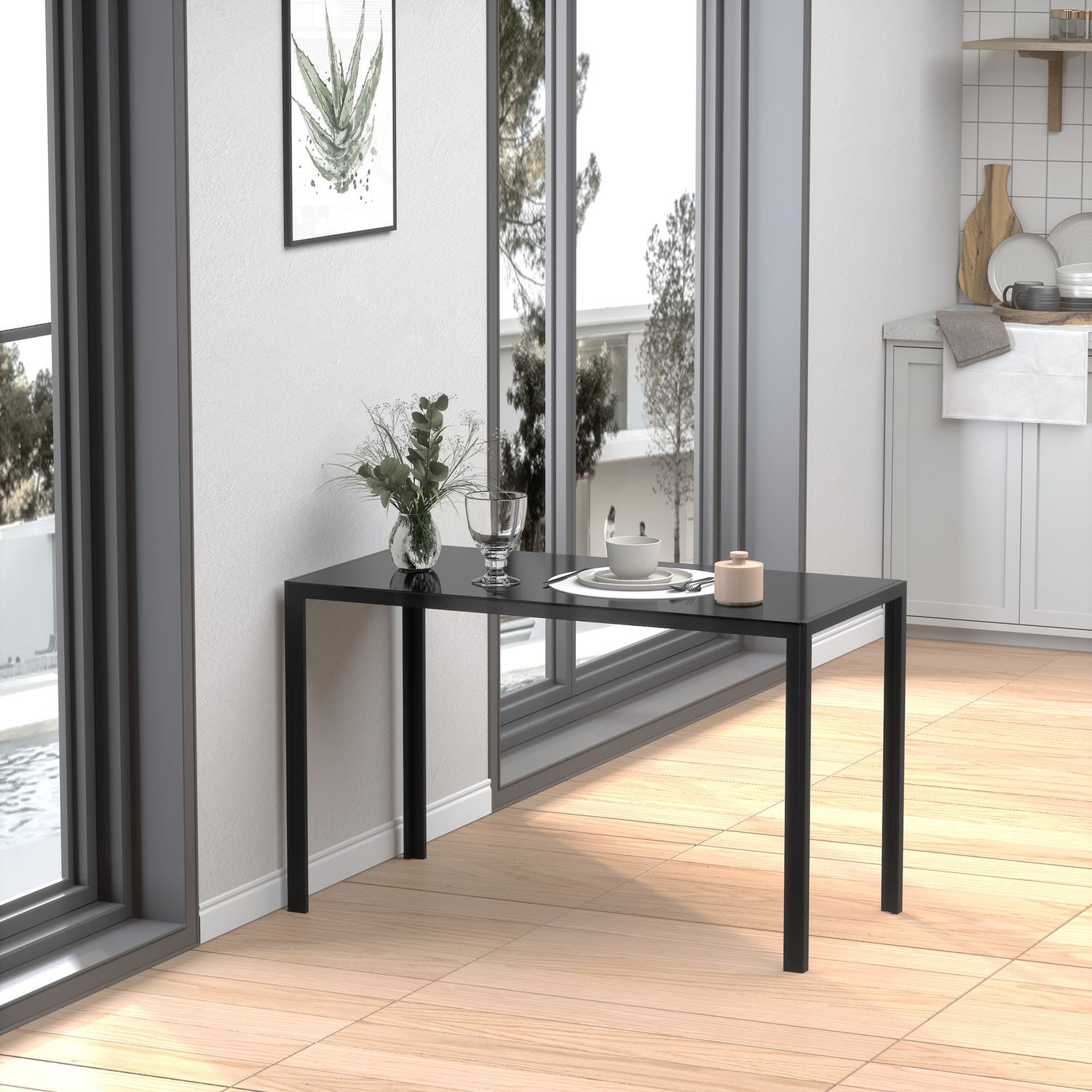 LED köksmatbord för 4, härdat glas, svart