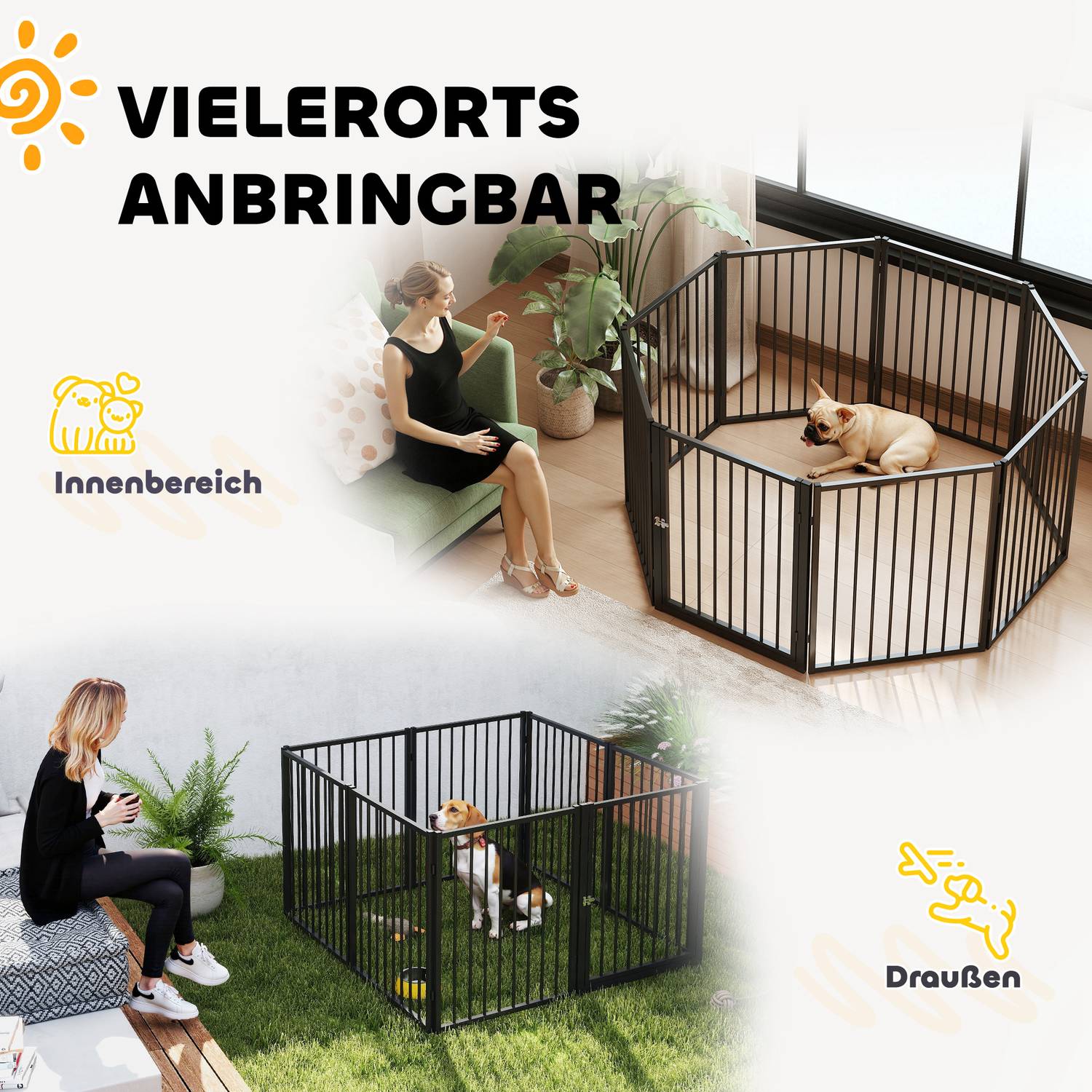 Lekhage för husdjur, inomhus/utomhus, 8 paneler, stål, svart