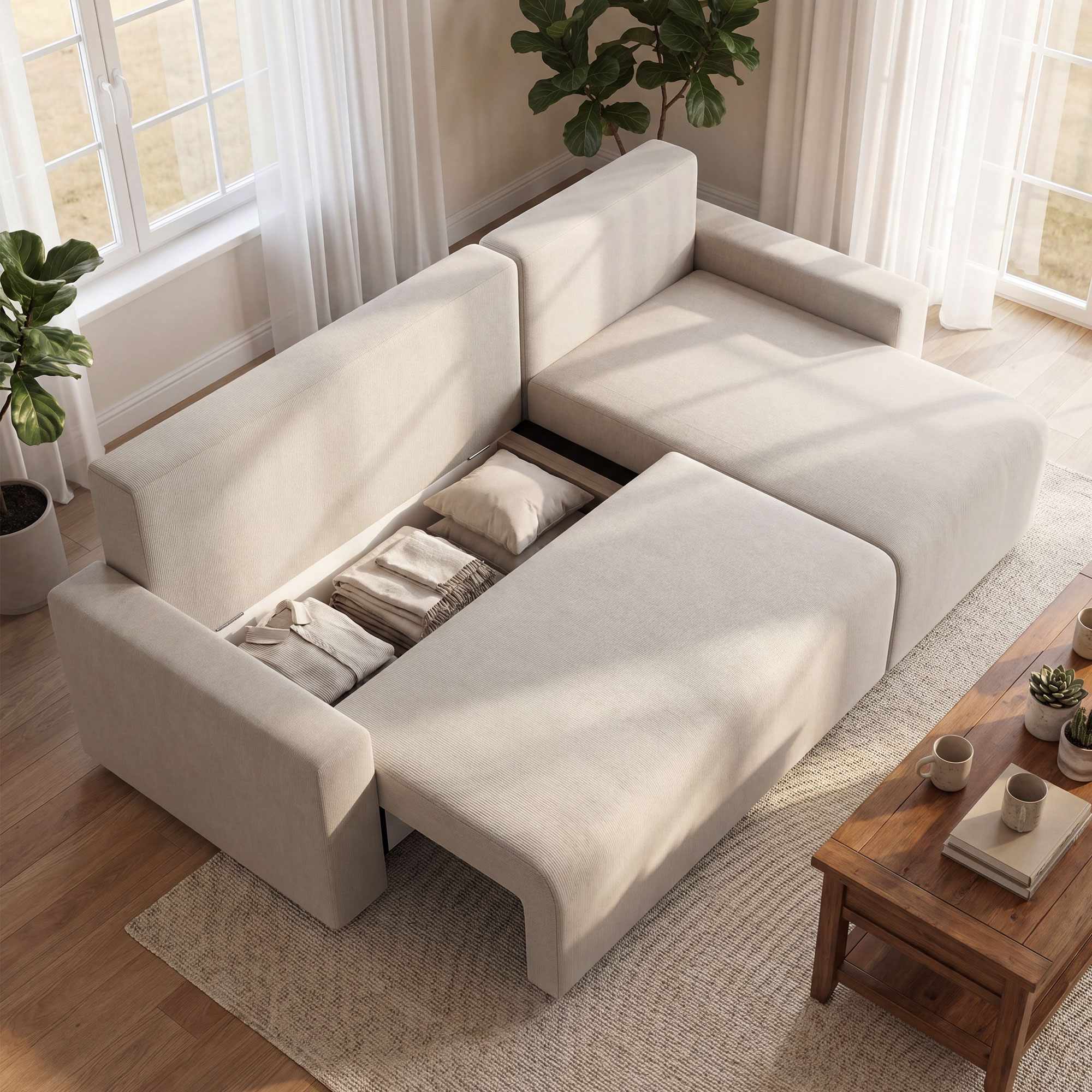 L-formad bäddsoffa med förvaring, vändbar schäslong – beige