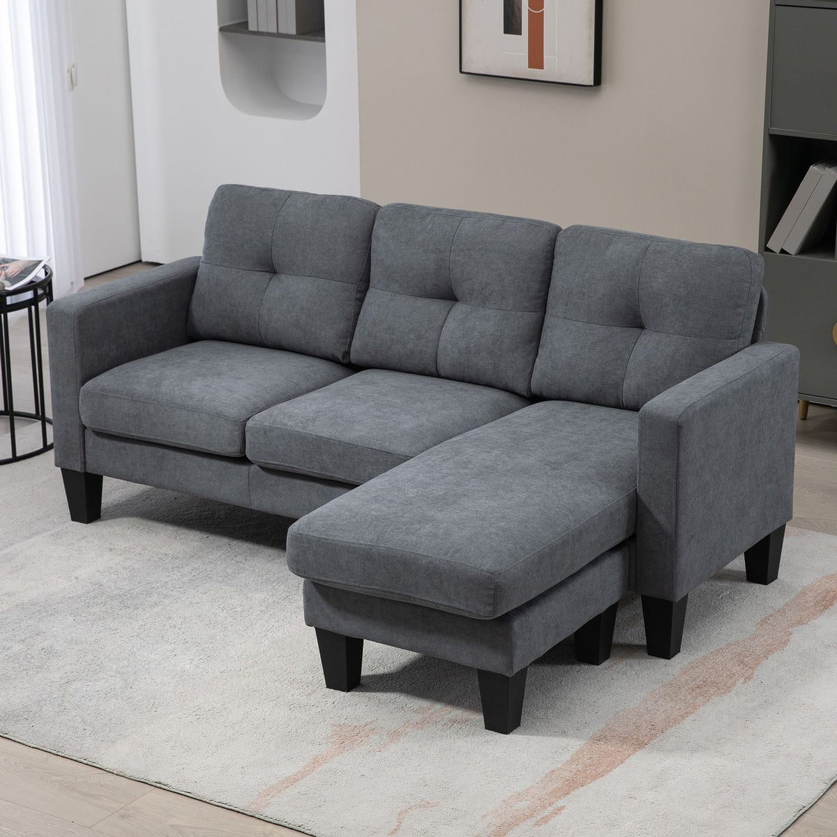 L-formet hjørnesofa med sjeselong som kan festes på hver side, polstret sofa, mørkegrå