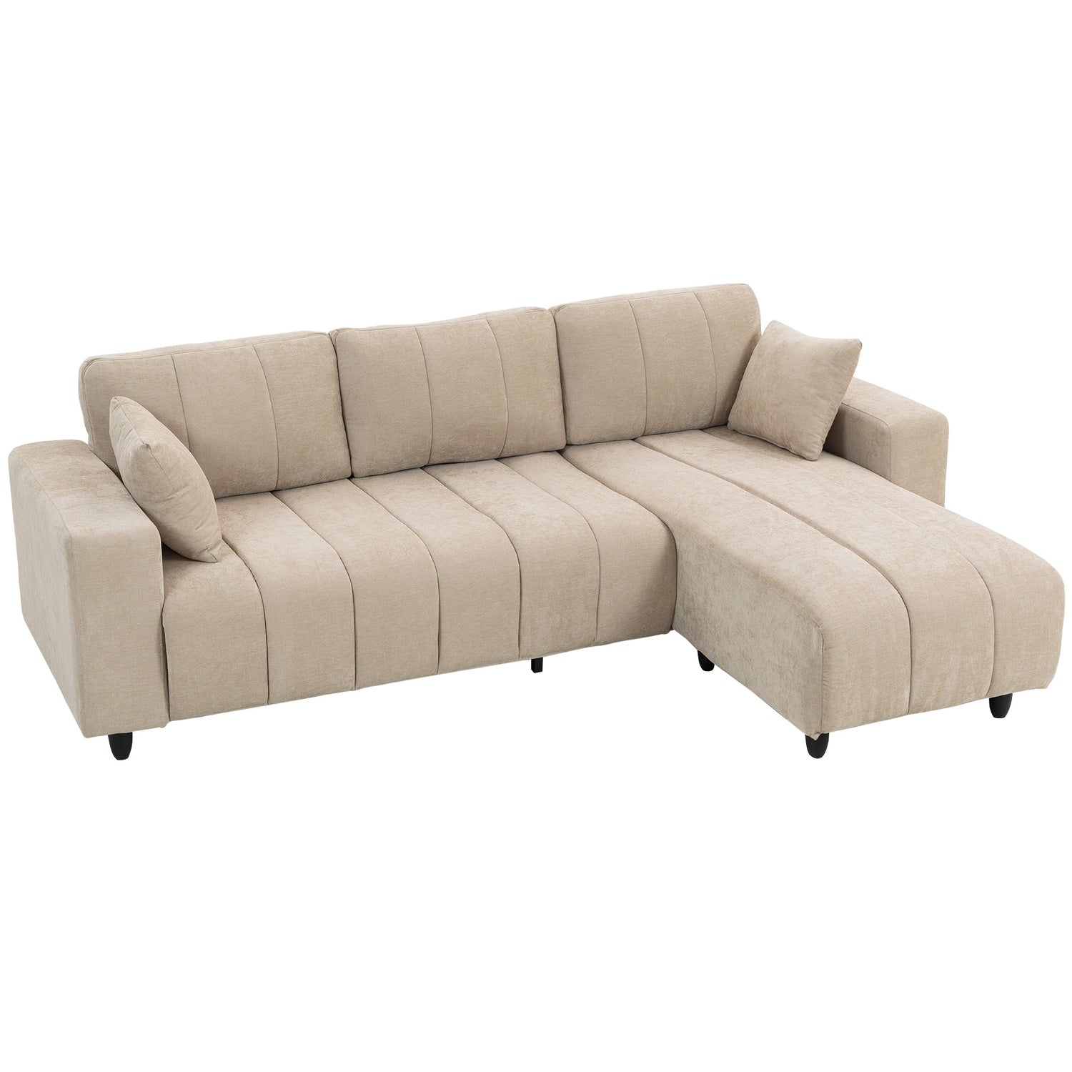 L-formad sektionssoffa, beige, 3-sits med schäslong och kuddar