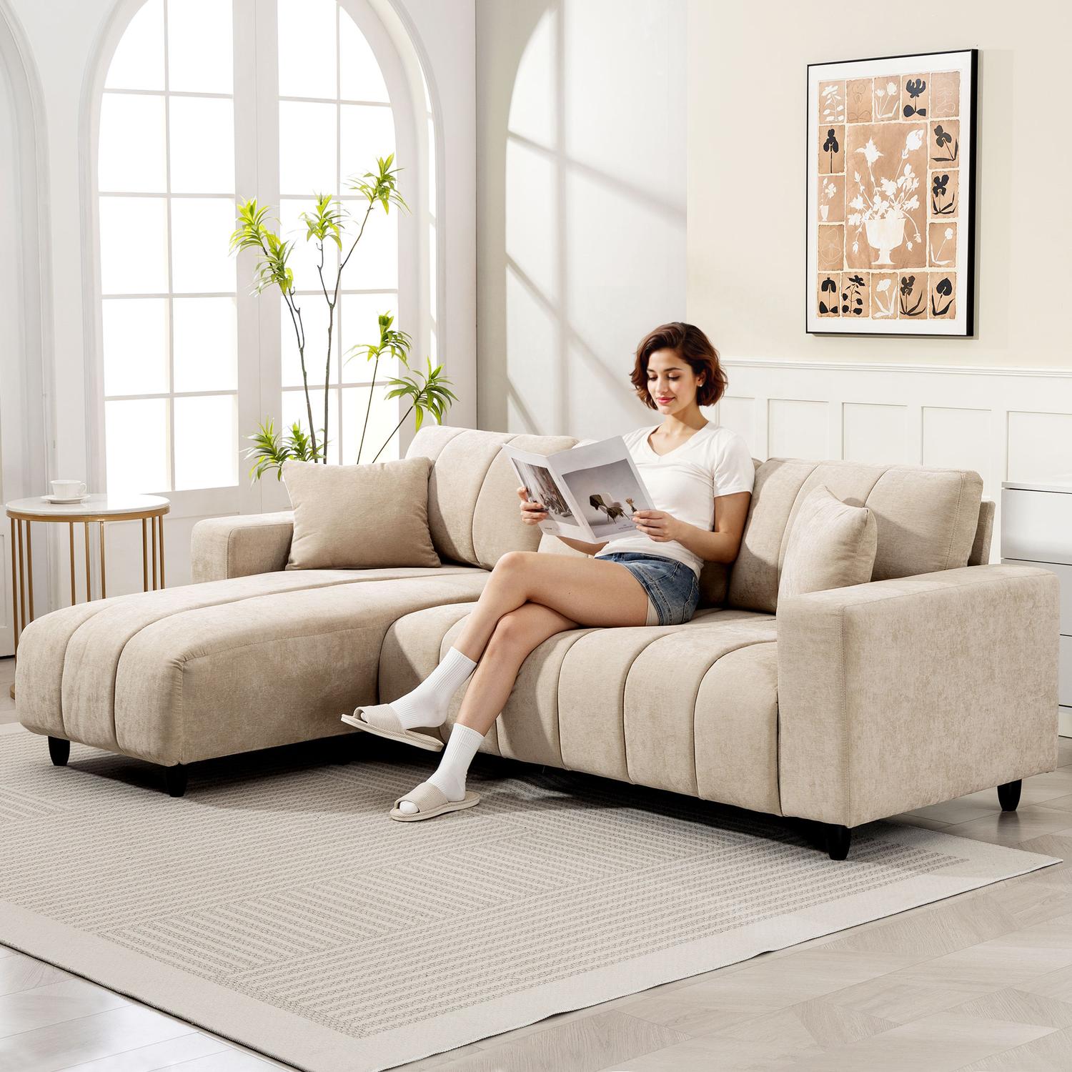 L-formad sektionssoffa, beige, 3-sits med schäslong och kuddar
