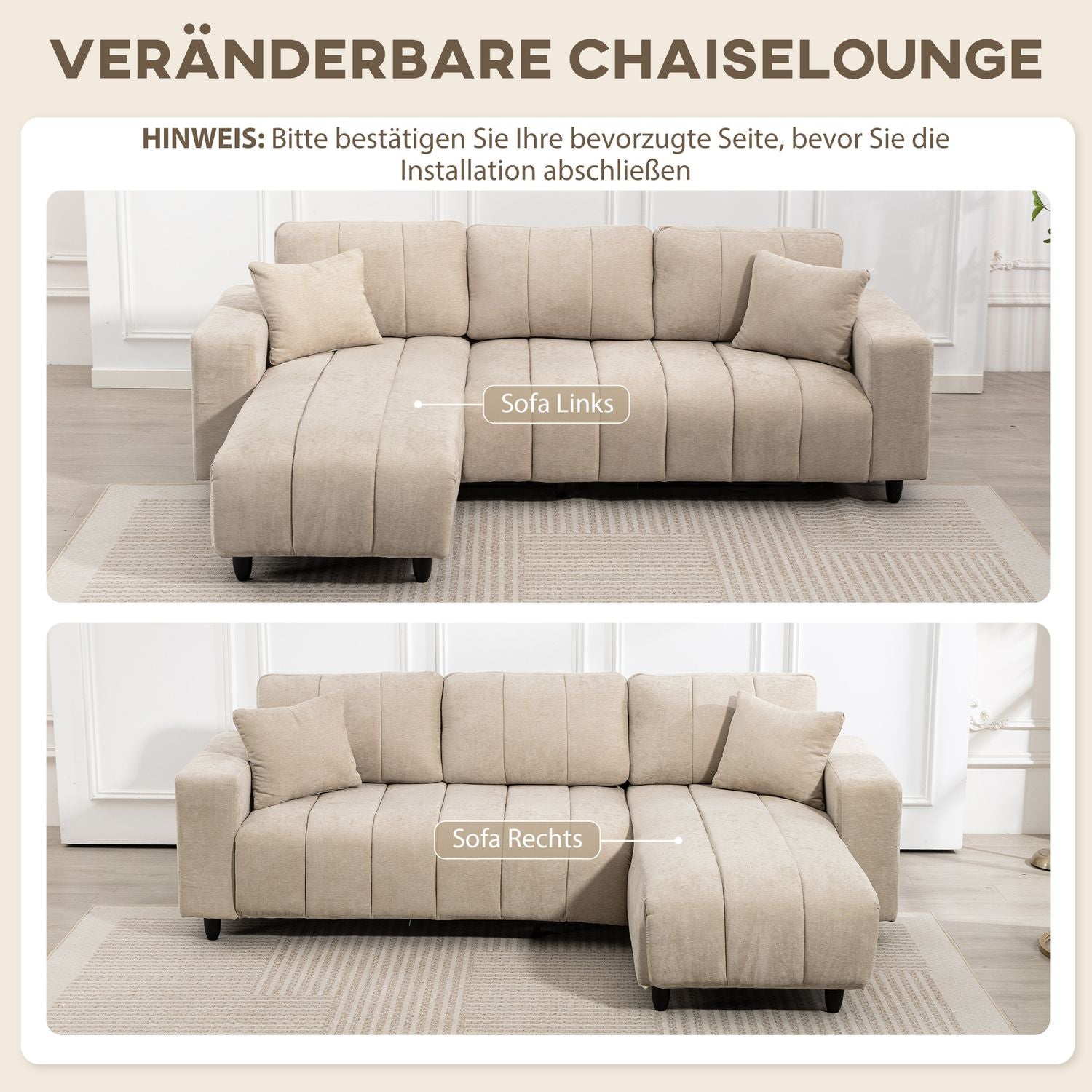 L-formad sektionssoffa, beige, 3-sits med schäslong och kuddar
