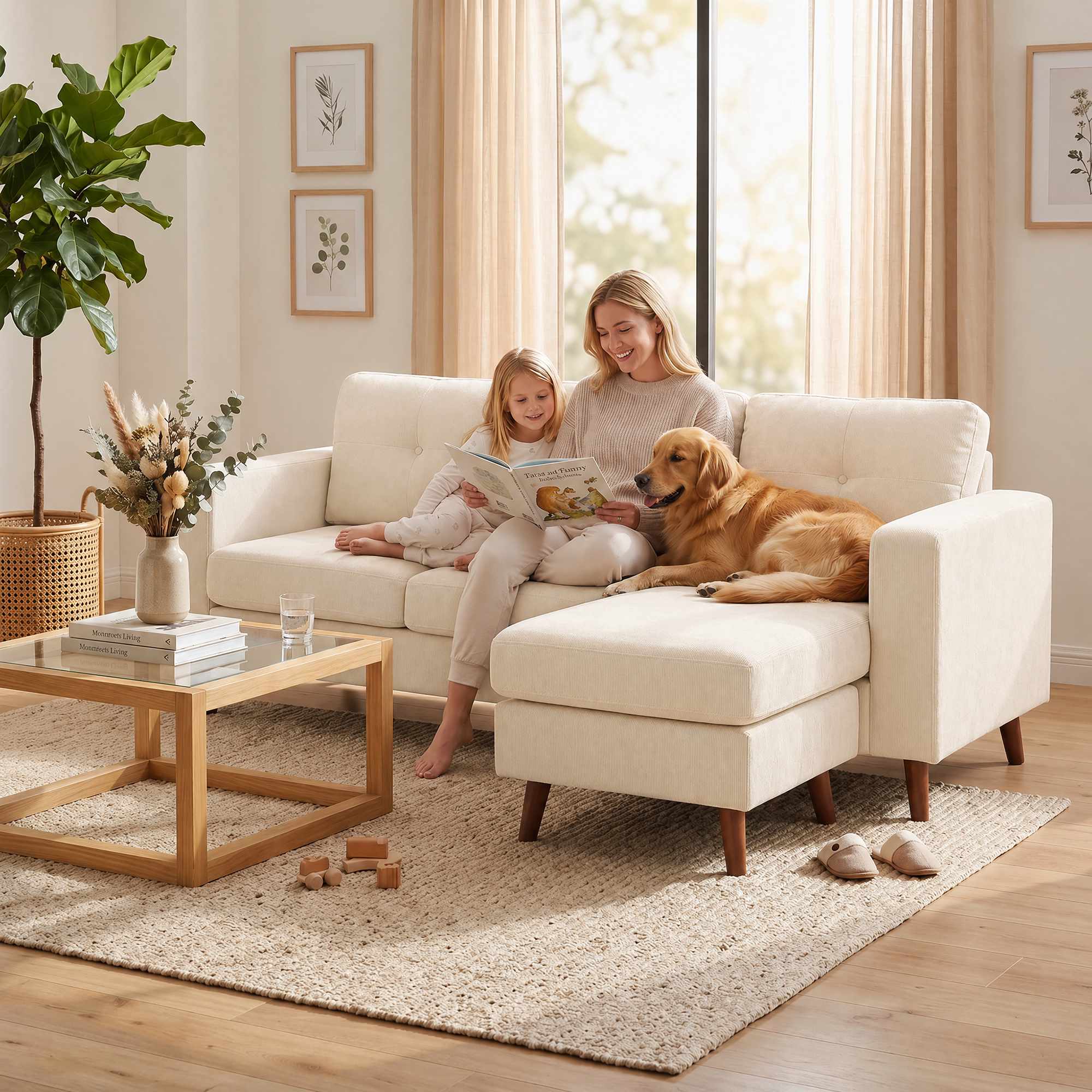 L-formad soffa med vändbar schäslong, manchestertyg, krämvit