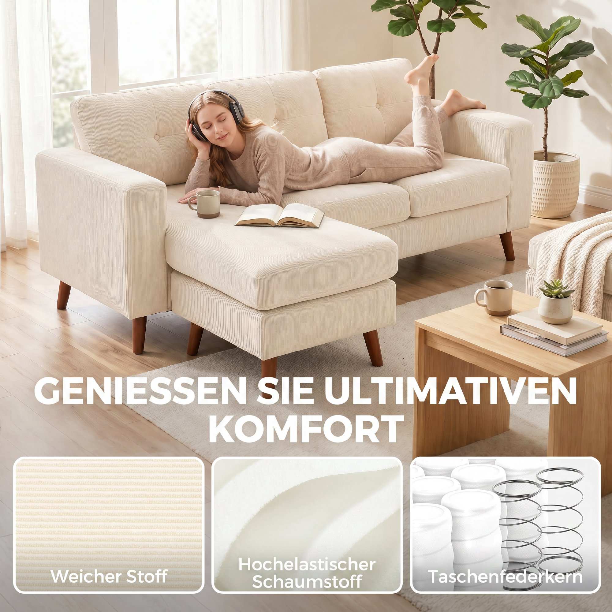 L-formad soffa med vändbar schäslong, manchestertyg, krämvit